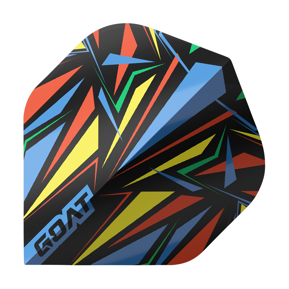 GOAT Athlete Blue No2 Standard Flights Dieses Bild zeigt ein Dart-Flight mit einem bunten, geometrischen Muster in Blau, Gelb, Rot und Grün. Auf dem Flight steht das Wort "GOAT" in blauen Buchstaben.