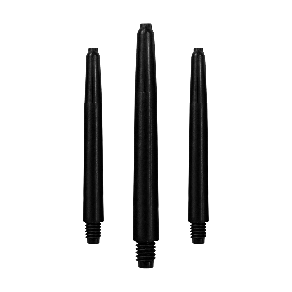 568_Nylon_Shafts_Schwarz_48mm_1 Das Bild zeigt drei schwarze Nylon-Schäfte für Dartpfeile. Sie sind in einer Reihe aufrecht angeordnet.
