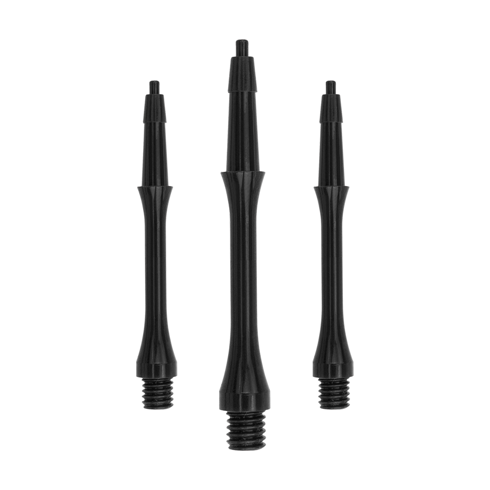 HRC-12602_Harrows_Clic_Slim_Shafts_Black_23mm_1HX3hrRgn7eKSK Das Bild zeigt drei schwarze Harrows Clic Slim Shafts für Dartpfeile. Die Shafts sind schlank und aus robustem Material gefertigt.