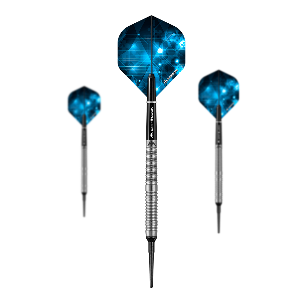 Das Bild zeigt drei Softdarts des Modells "Mission Octane Model 1" mit einem Gewicht von 20g. Die Flights haben ein blaues, grafisches Muster und die Schäfte sind silberfarben.