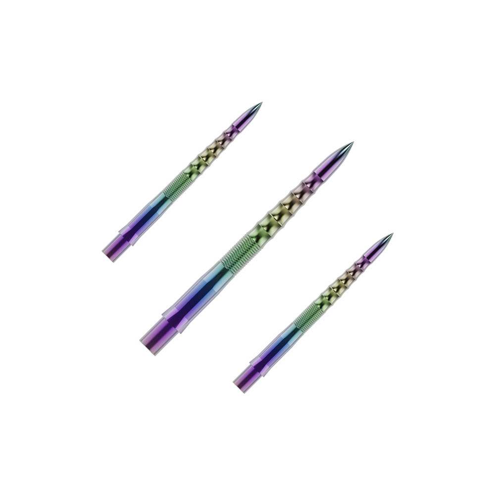 Końcówki do lotek Mission Caliburn EVO - Ripple - Coral Auf dem Bild sind drei bunte Steeldartspitzen zu sehen. Sie haben ein metallisch glänzendes, geripptes Design in verschiedenen Farben.
