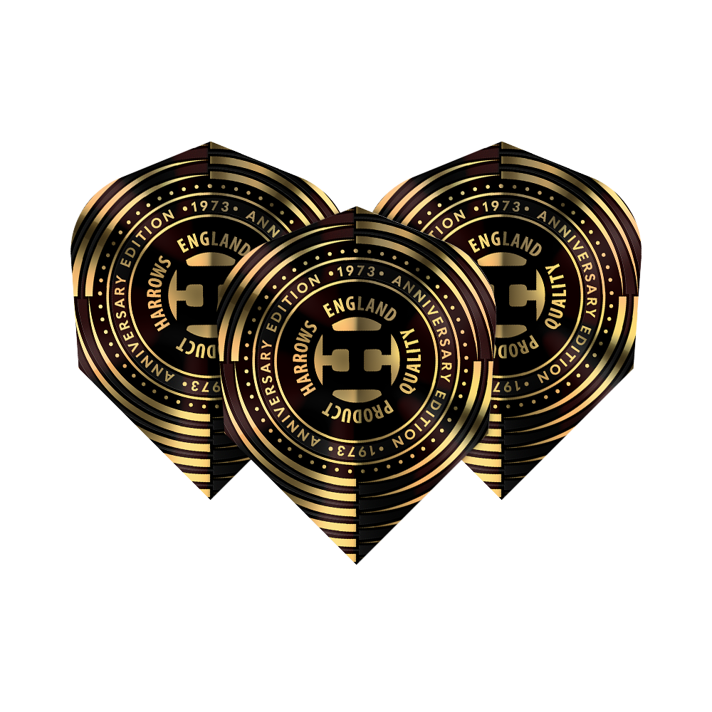 Harrows Anniversary No6 Flights Das Bild zeigt drei Harrows Anniversary No6 Flights mit einem eleganten schwarzen und goldenen Design. In der Mitte ist ein kreisförmiges Logo mit der Aufschrift „Harrows Anniversary Edition 1973 Quality Product England“ zu sehen.