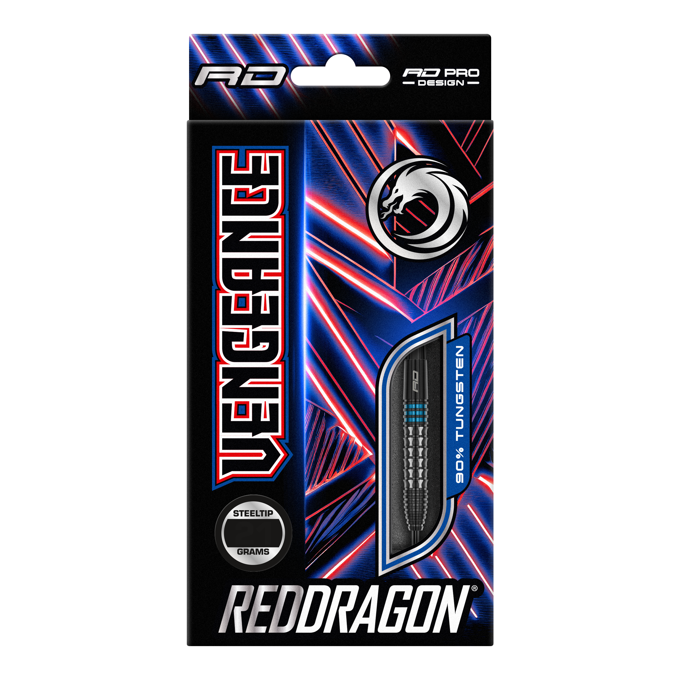 Niebieskie stalowe lotki Red Dragon Vengeance Auf dem Bild ist die Verpackung der "Red Dragon Vengeance Blue Steeldarts" zu sehen. Die Schachtel ist schwarz mit blauen und roten Akzenten und zeigt einen Dartpfeil mit dem Hinweis auf 90% Tungsten.