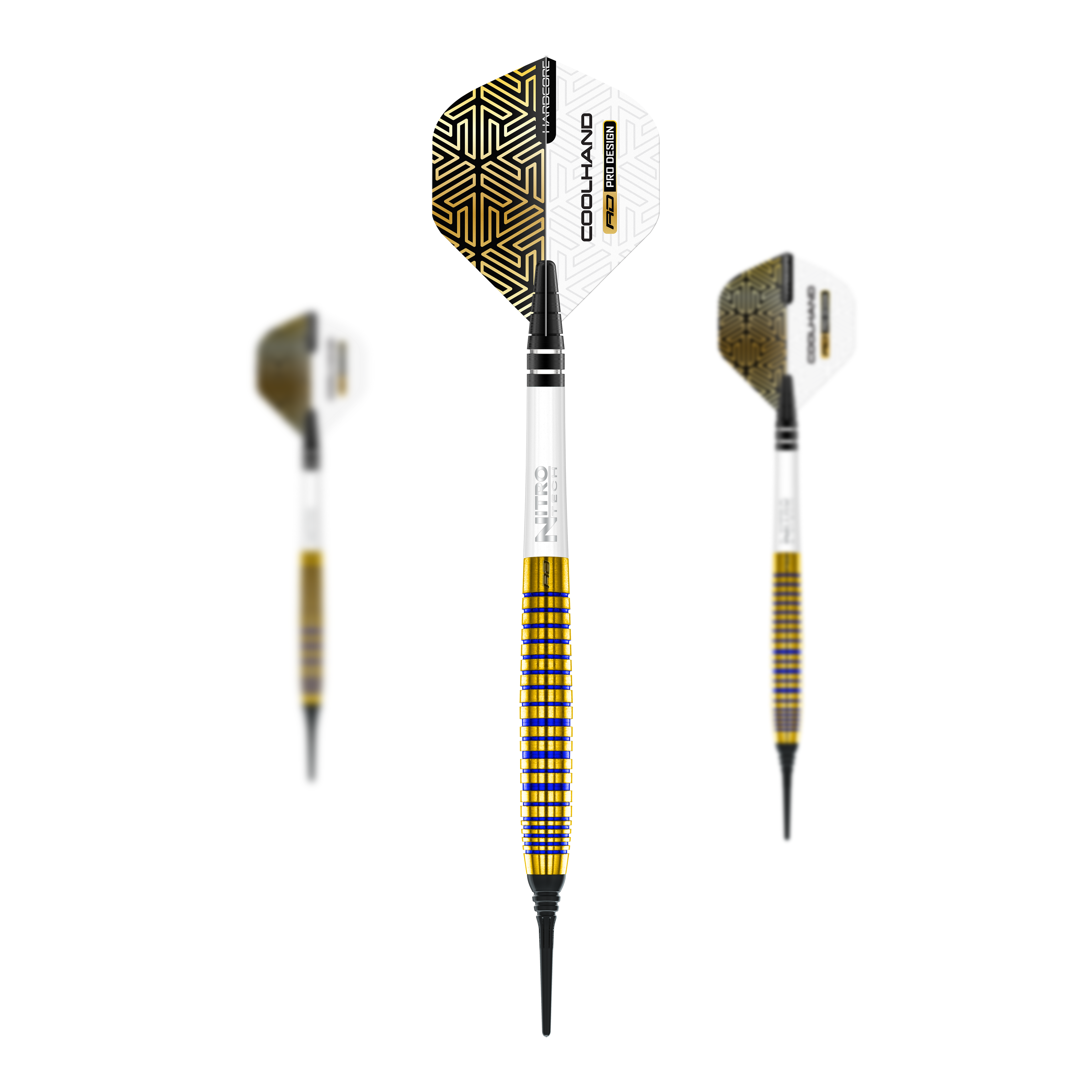 Red Dragon Luke Humphries TX3 Gold SE Softdarts - 20g Auf dem Bild sind drei Softdarts des Modells "Red Dragon Luke Humphries TX3 Gold SE" mit einem Gewicht von 20g zu sehen. Die Darts haben goldene und weiße Designelemente mit schwarzen Spitzen und auffälligen Flights.