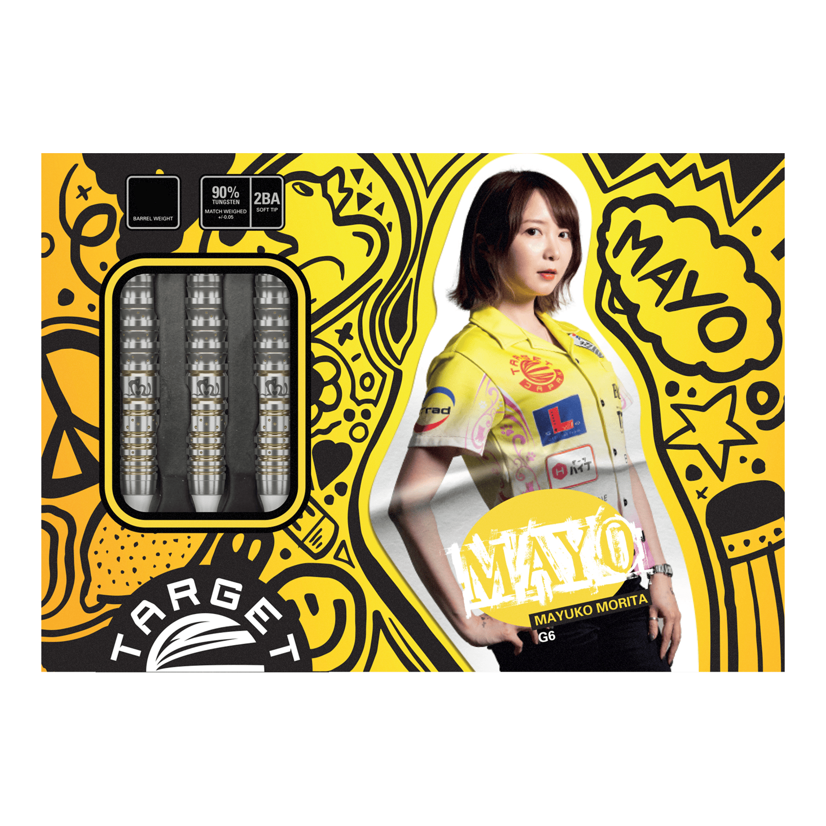 Die Verpackung zeigt die "Target Japan Prime Series Mayuko Morita GEN6 Softdarts - 18g". Links sind die Darts zu sehen, rechts ist ein Bild von Mayuko Morita mit buntem Hintergrund.