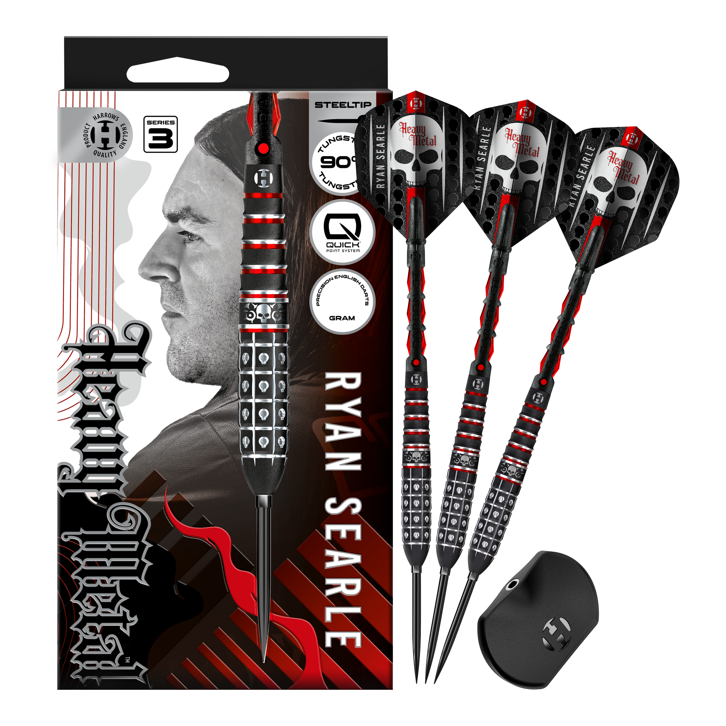 Auf dem Bild sind die Harrows Ryan Searle Series 3 Quick Point Steeldarts vollständig zu sehen. Diese Darts zeichnen sich durch hohe Qualität und gutes Design aus.