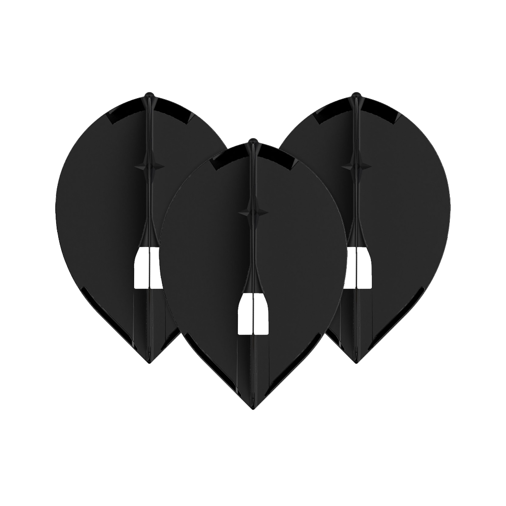 Lotki L-Style Champagne L2PRO Teardrop – czarne Das Bild zeigt drei schwarze L-Style Champagne L2PRO Teardrop Flights. Sie sind in einer gleichmäßigen Anordnung nebeneinander platziert.