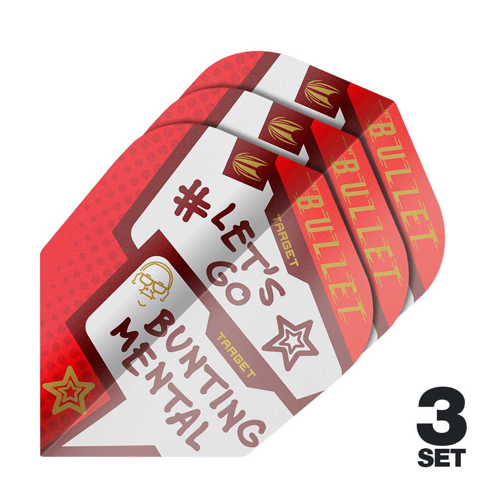 Target Pro Ultra Stephen Bunting Mental No6 Flights - 3 serie Das Bild zeigt drei Sets der Target Pro Ultra Stephen Bunting Mental No6 Flights für Dartpfeile. Die Flights sind rot und weiß gestaltet und tragen die Aufschrift "#LET'S GO BUNTING MENTAL".