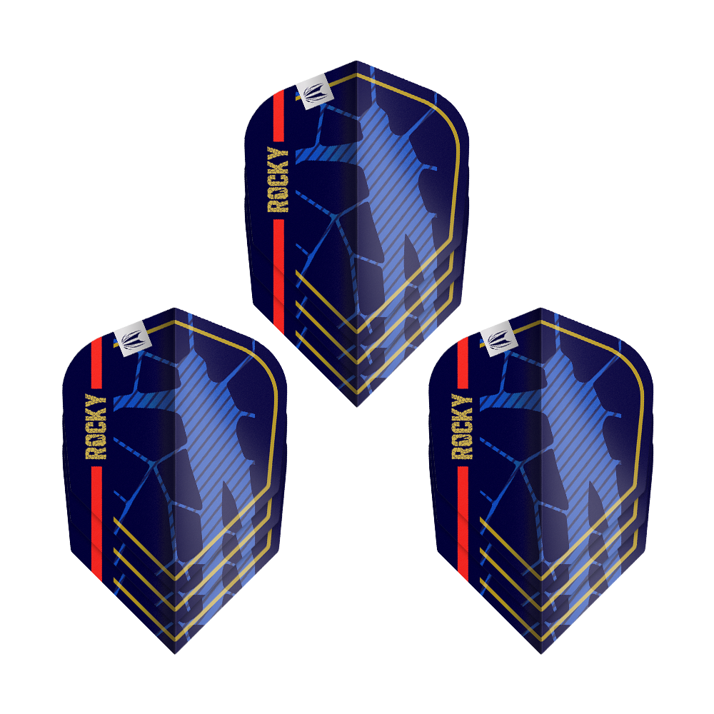 Target Pro Ultra Josh Rock GEN1 No6 Lotki - 3 zestawy Das Bild zeigt drei Dartflights des Produkts „Target Pro Ultra Josh Rock GEN1 No6 Flights - 3 Sets“. Die Flights sind dunkelblau mit goldenen Linien, einer roten Streifen und dem Schriftzug „ROCKY“ versehen.