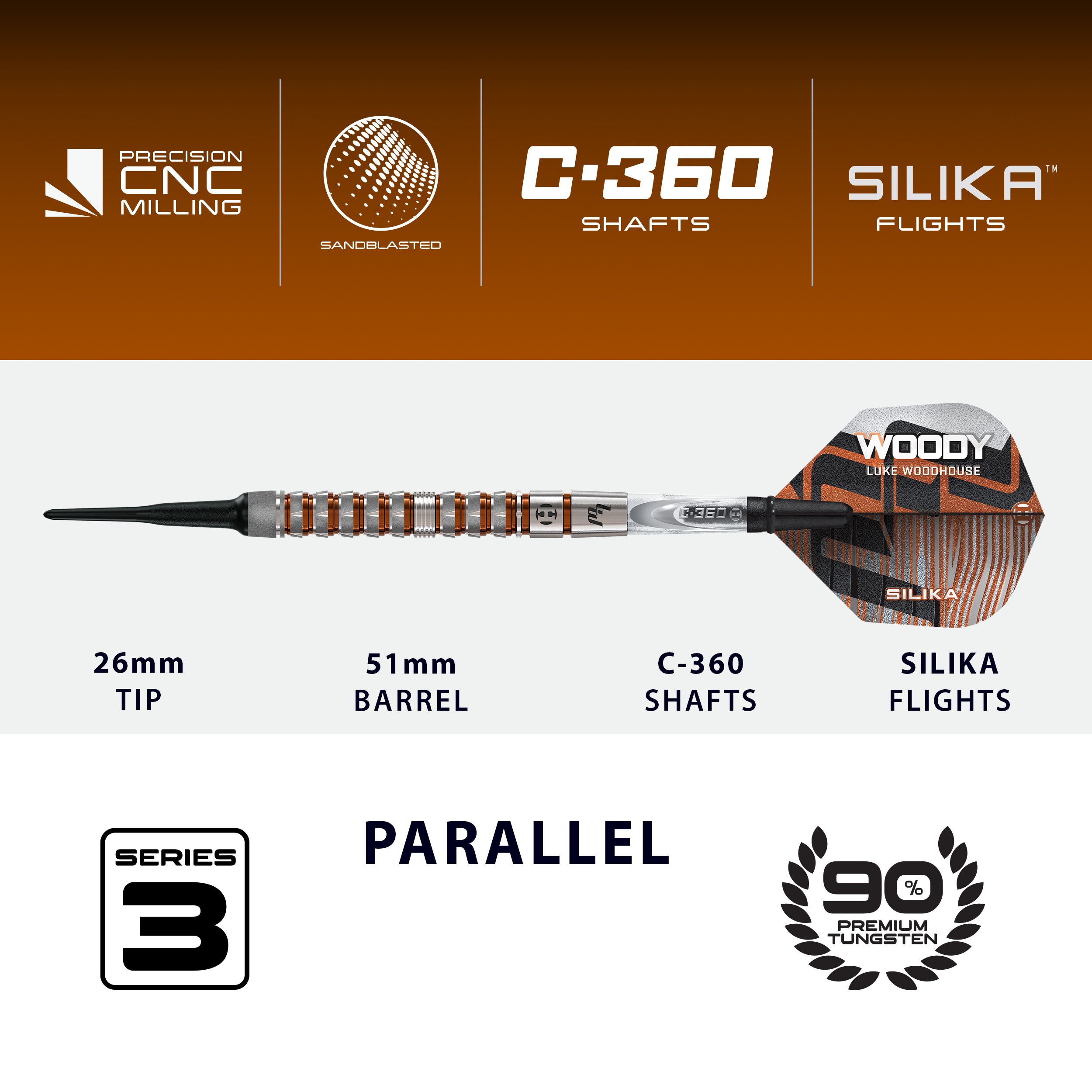 Abgebildet sind die Harrows Luke Woodhouse Series 3 Softdarts - 18g. Die Darts werden als 18-Gramm-Version präsentiert.