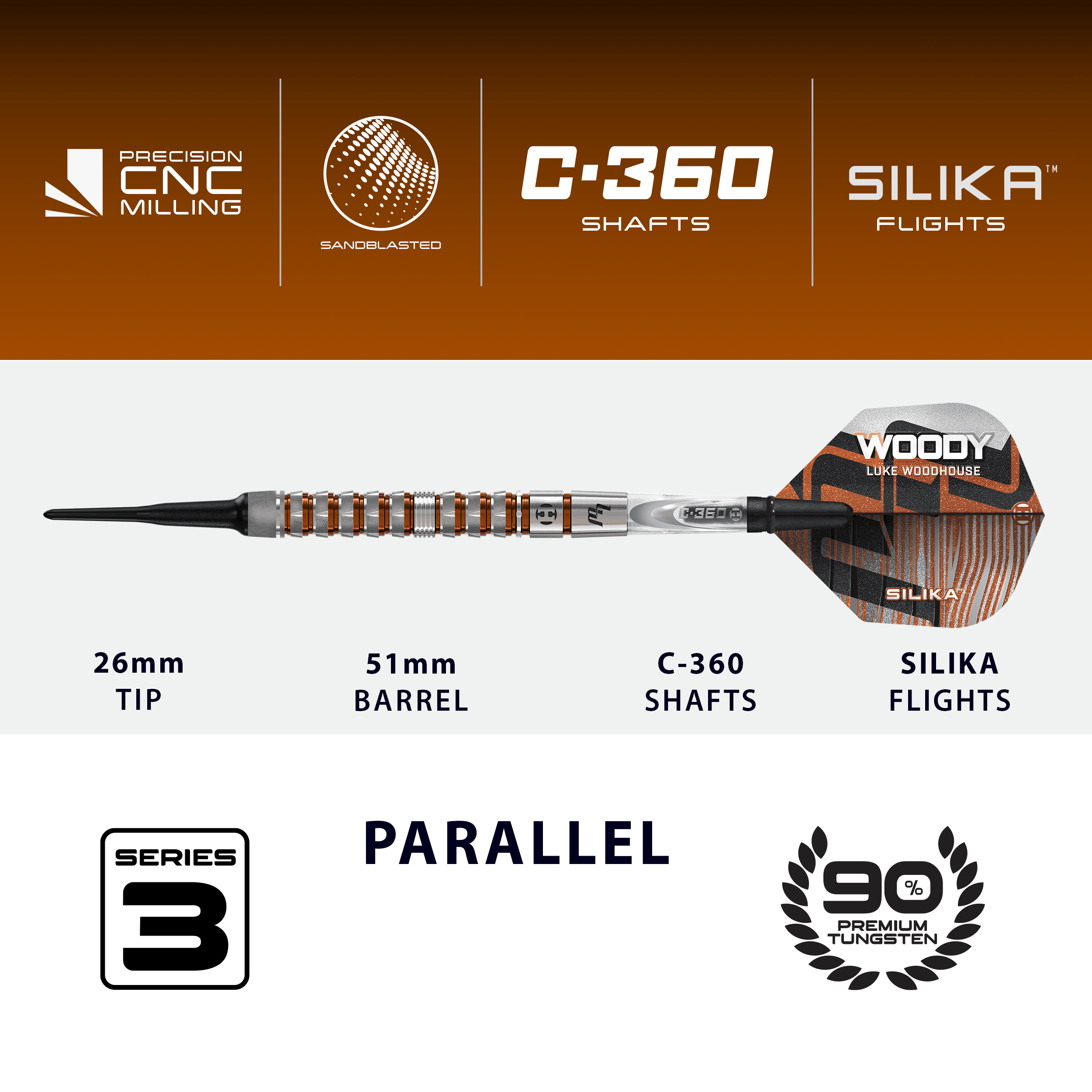 Harrow's Luke Woodhouse Series 3 Soft Darts - 18g Abgebildet sind die Harrows Luke Woodhouse Series 3 Softdarts - 18g. Die Darts werden als 18-Gramm-Version präsentiert.