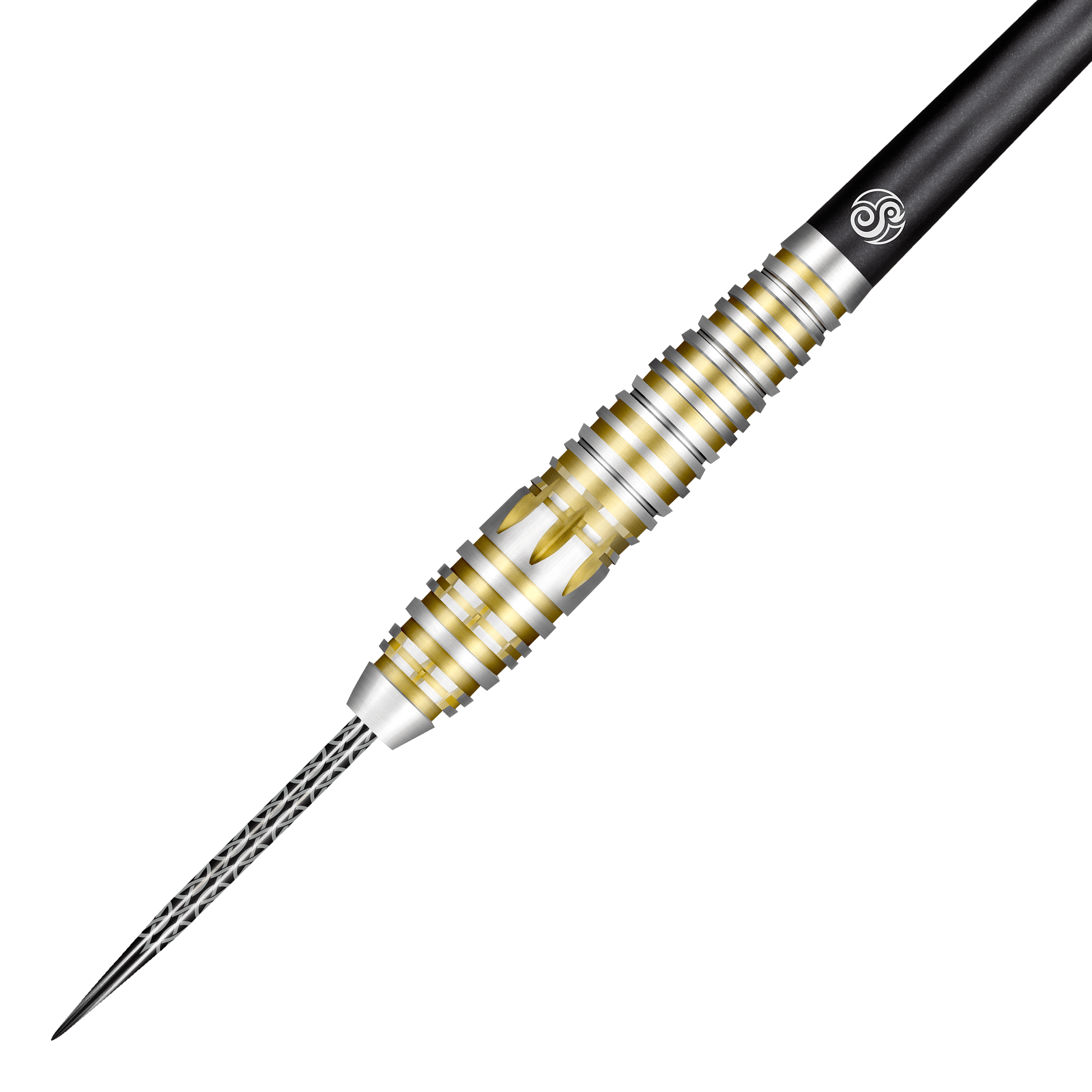 Shot Celta Balora Steeldarts Das Bild zeigt einen Shot Celt Balor Steeldart mit silbernen und goldenen Rillen am Griff. Die Spitze ist aus Metall und der Schaft ist schwarz.