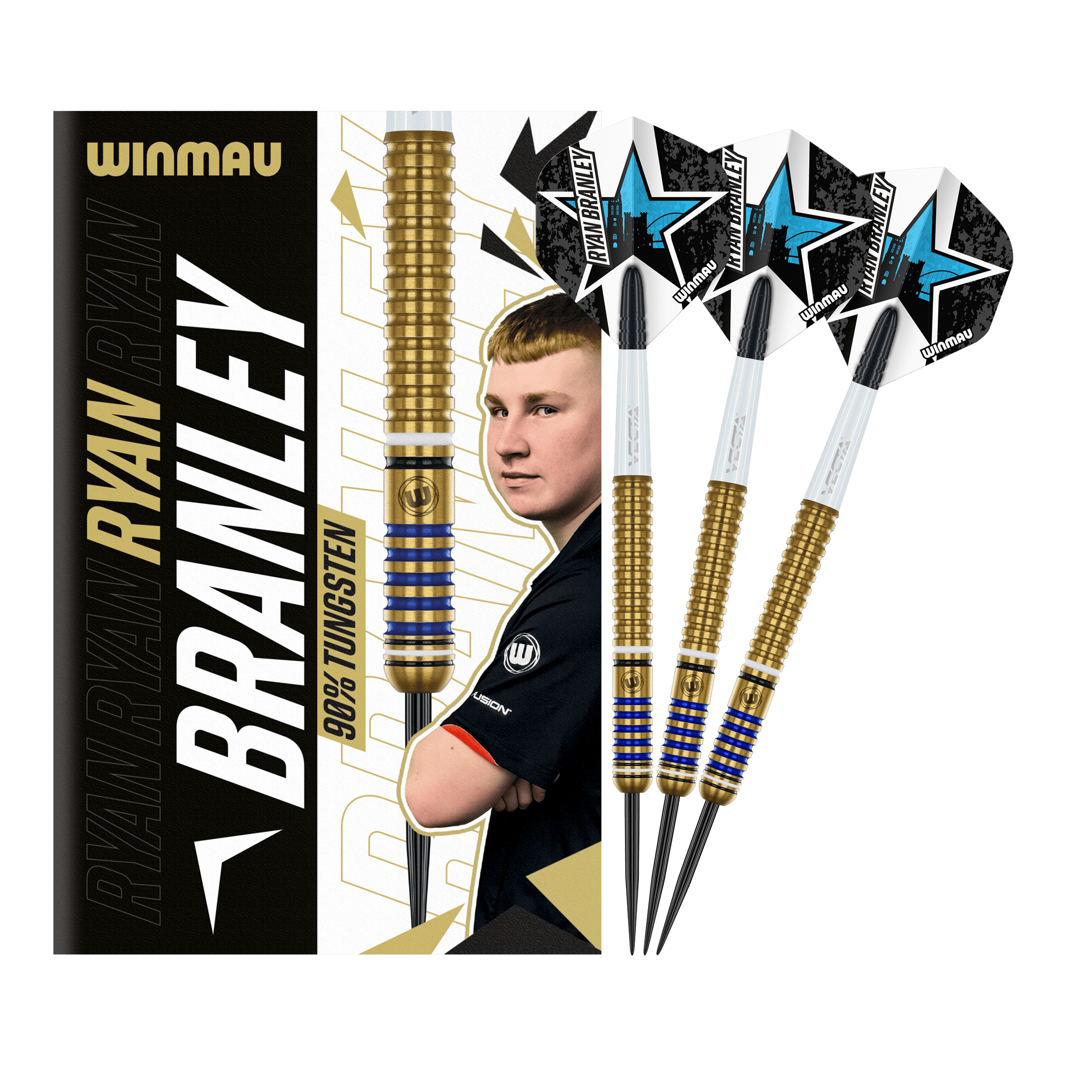 Lotki stalowe Winmau Ryan Branley - 23g Das Bild zeigt die Winmau Ryan Branley Steeldarts mit einem Gewicht von 23 Gramm. Die Darts sind goldfarben mit blauen Ringen und werden zusammen mit einer Verpackung präsentiert, auf der ein Porträt von Ryan Branley abgebildet ist.