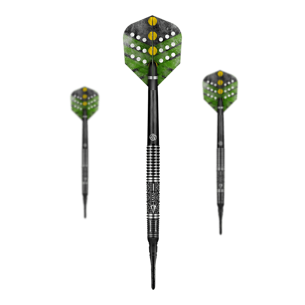 Shot Devon Petersen The Courage miękkie lotki Shot Devon Petersen The Courage Softdarts mit detailliertem Flight-Design. Die Darts sind beobachtbar angeordnet.