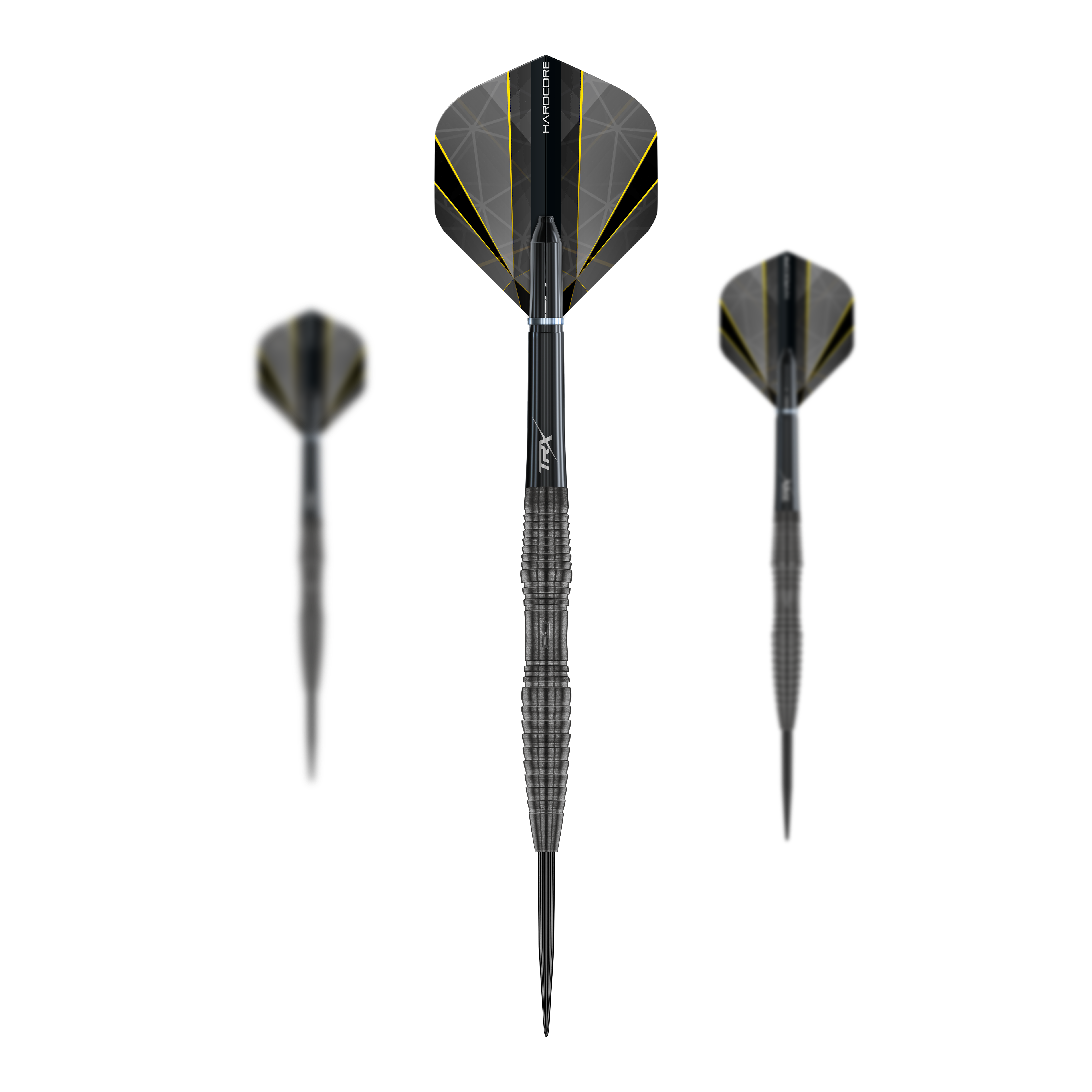 Red Dragon Seren 3 Onyx Steeldarts Das Bild zeigt drei Steeldarts des Modells "Red Dragon Seren 3 Onyx". Die Darts haben ein schwarz-gelbes Design und sind mit geriffeltem Griff versehen.