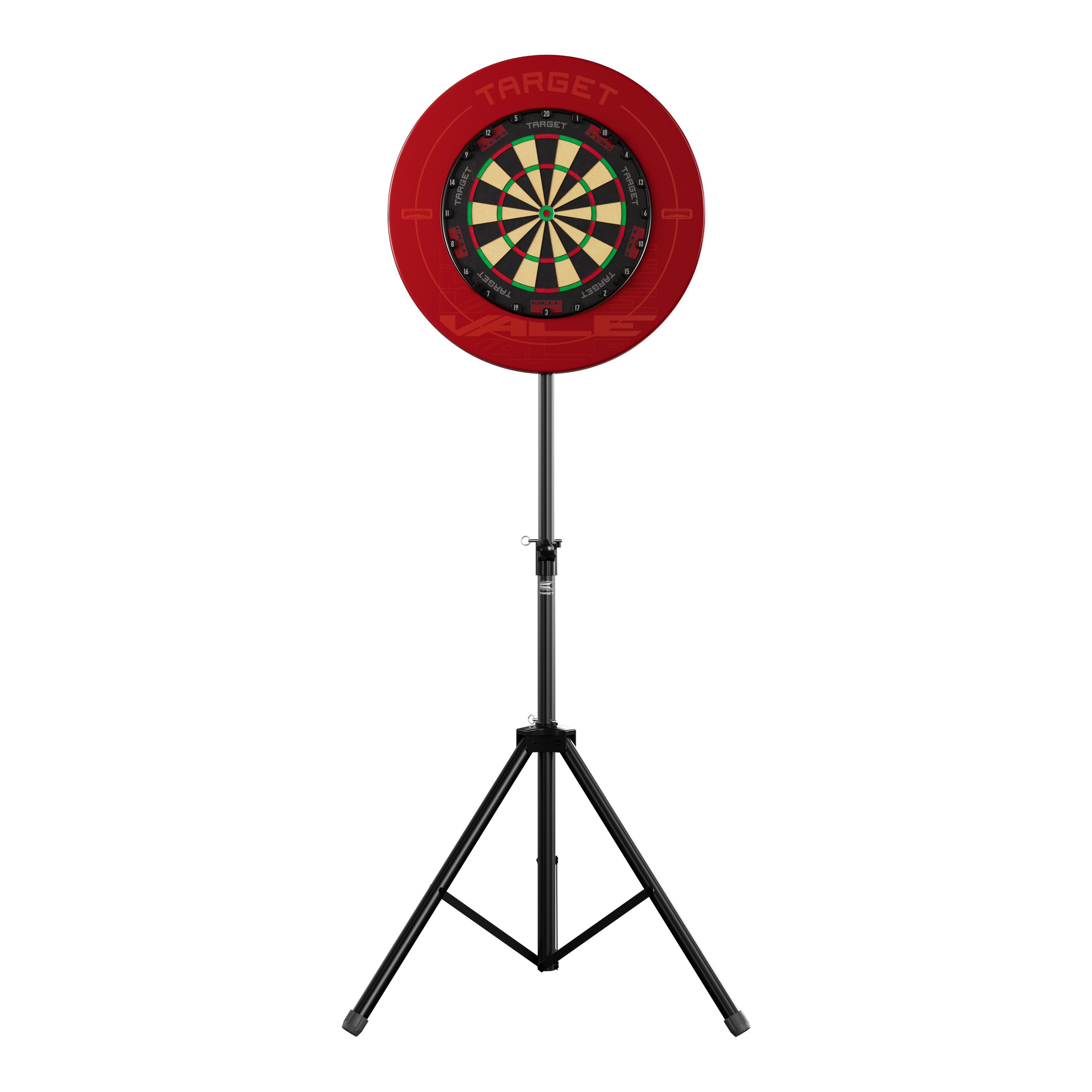 Stojak na tarczę do darta Das Bild zeigt einen Dartboard-Ständer mit einer roten Umrandung und einer klassischen Dartscheibe. Der Ständer steht stabil auf drei Beinen und trägt das Produkt "Target Dartboard Stand".