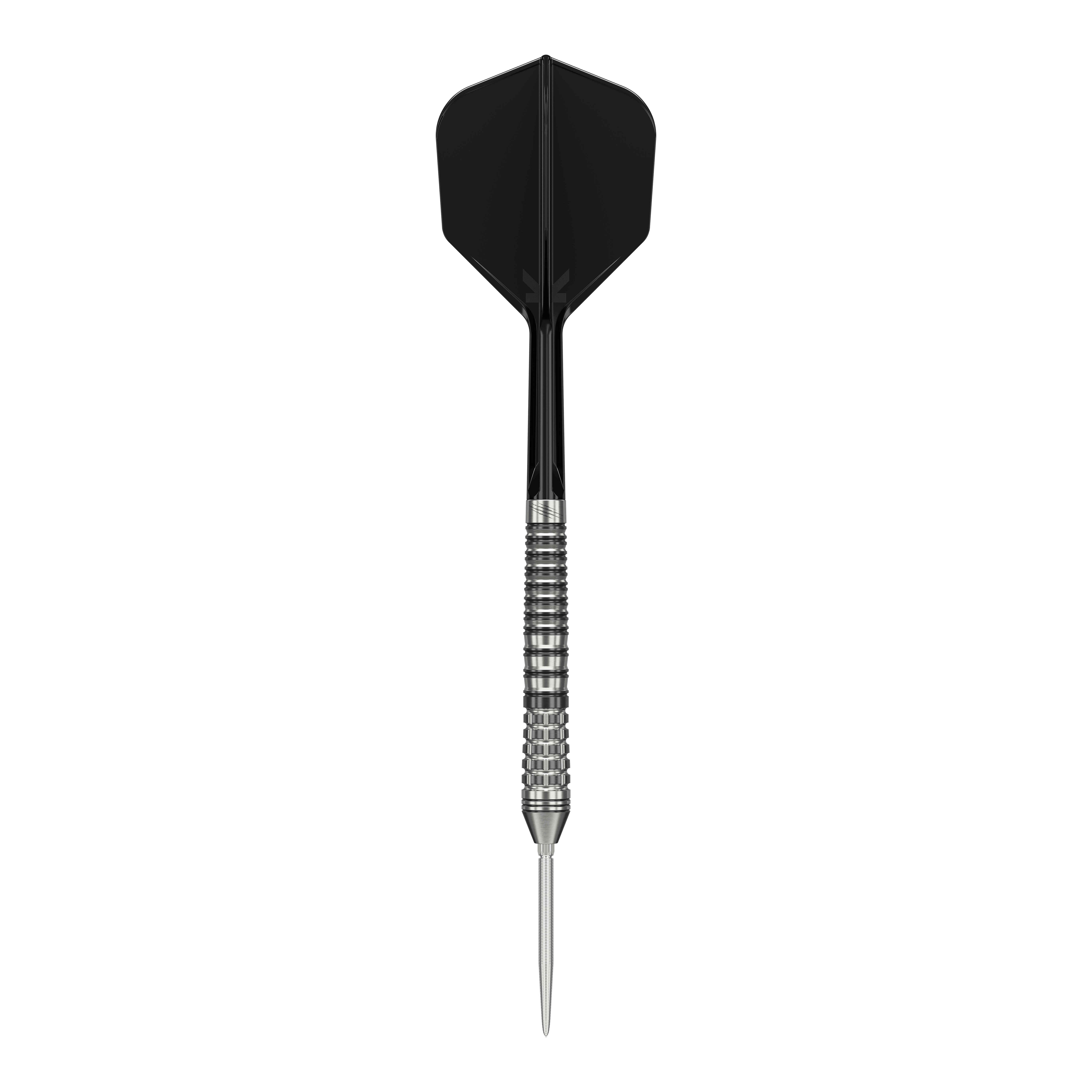 Target Black Marque Renegade 4 Swiss Point Steeldarts Das Bild zeigt einen Target Black Marque Renegade 4 Swiss Point Steeldart. Der Dartpfeil hat eine schwarze Flugfeder und einen silbernen, gerillten Schaft.