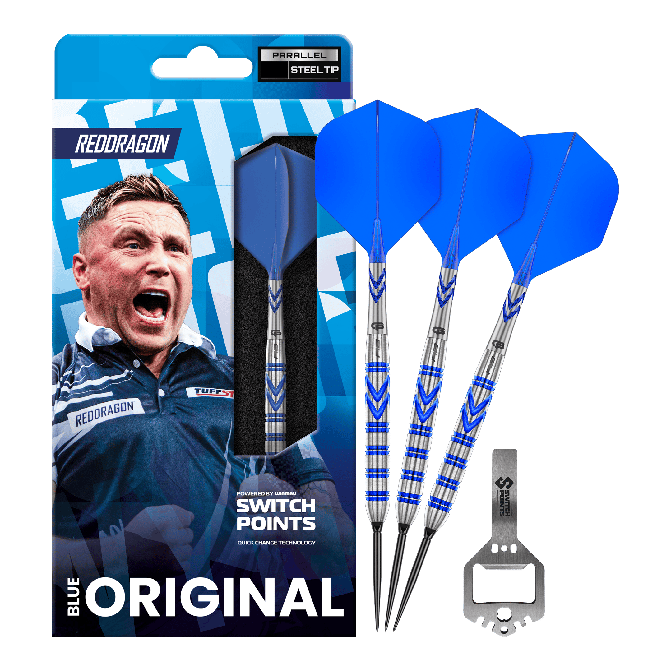 Red Dragon Gerwyn Price Niebieski Oryginalny Switch Point Steeldarts Das Bild zeigt die Red Dragon Gerwyn Price Blue Original Switch Point Steeldarts. Es handelt sich um hochwertige Steeldarts mit blauem Design.