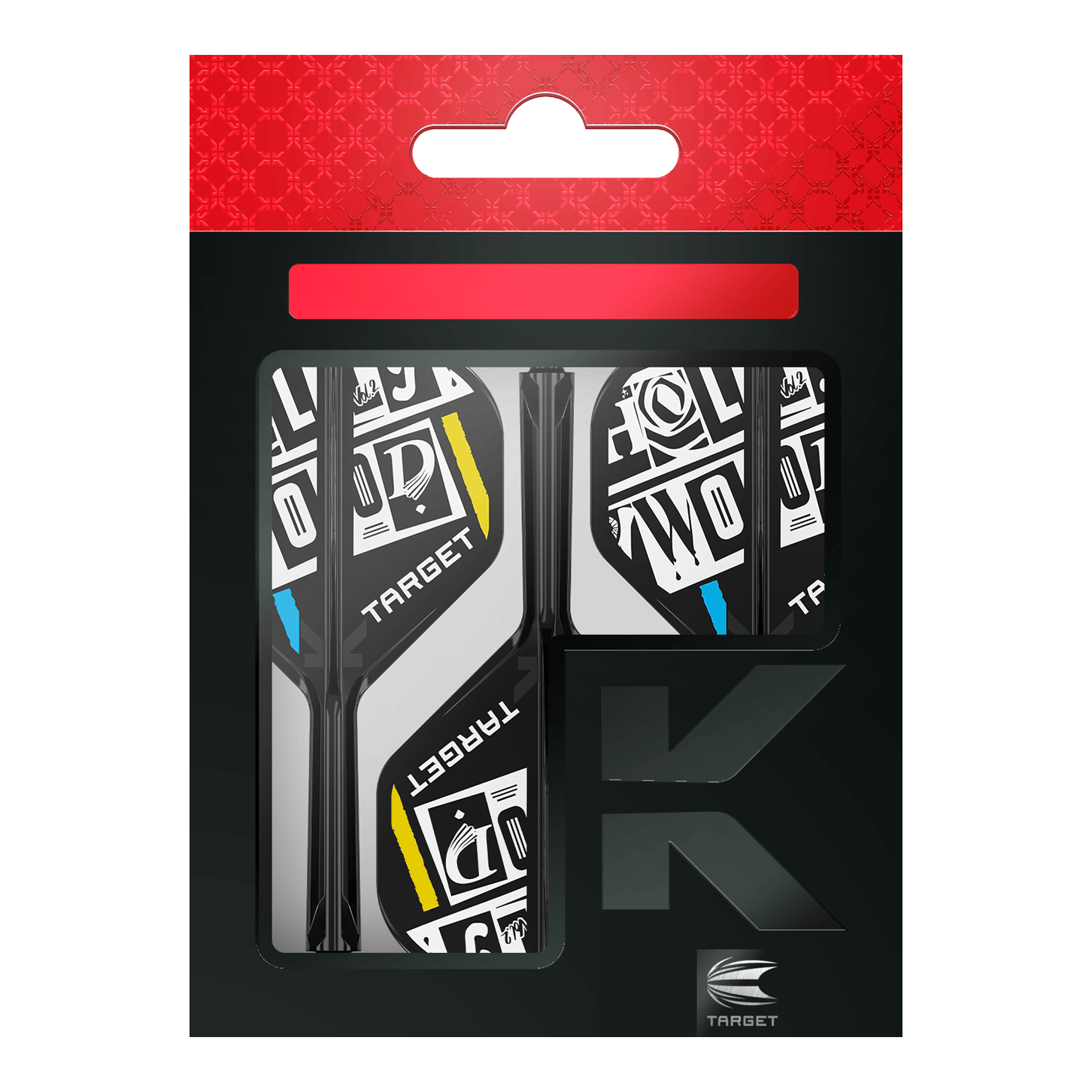 System wałów lotniczych Target K-Flex Chris Dobey No2 Standard Das Bild zeigt eine Packung der "Target K-Flex Chris Dobey No2 Standard Flights". Die Flights sind schwarz-weiß mit gelben und blauen Akzenten gestaltet und befinden sich in einer schwarzen Verpackung mit rotem Aufhänger.