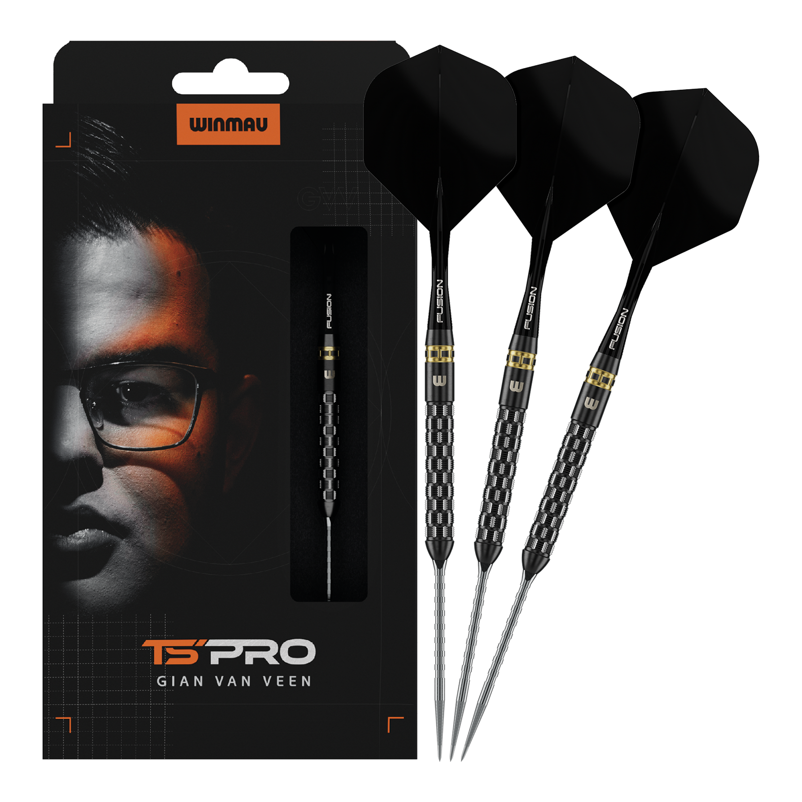 Abgebildet sind Winmau Gian Van Veen TS-PRO Switch Point Steeldarts in voller Länge. Die Darts stechen durch ihre Form hervor.