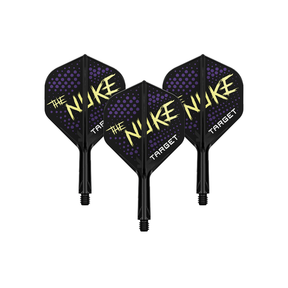 Target K-Flex Luke Littler Black No2 Standard Flight System Auf dem Bild sind drei Dart-Flights in Schwarz mit lilafarbenen Punkten und gelber Aufschrift "The Nuke" zu sehen. Unten steht der Schriftzug "Target" auf jedem Flight.