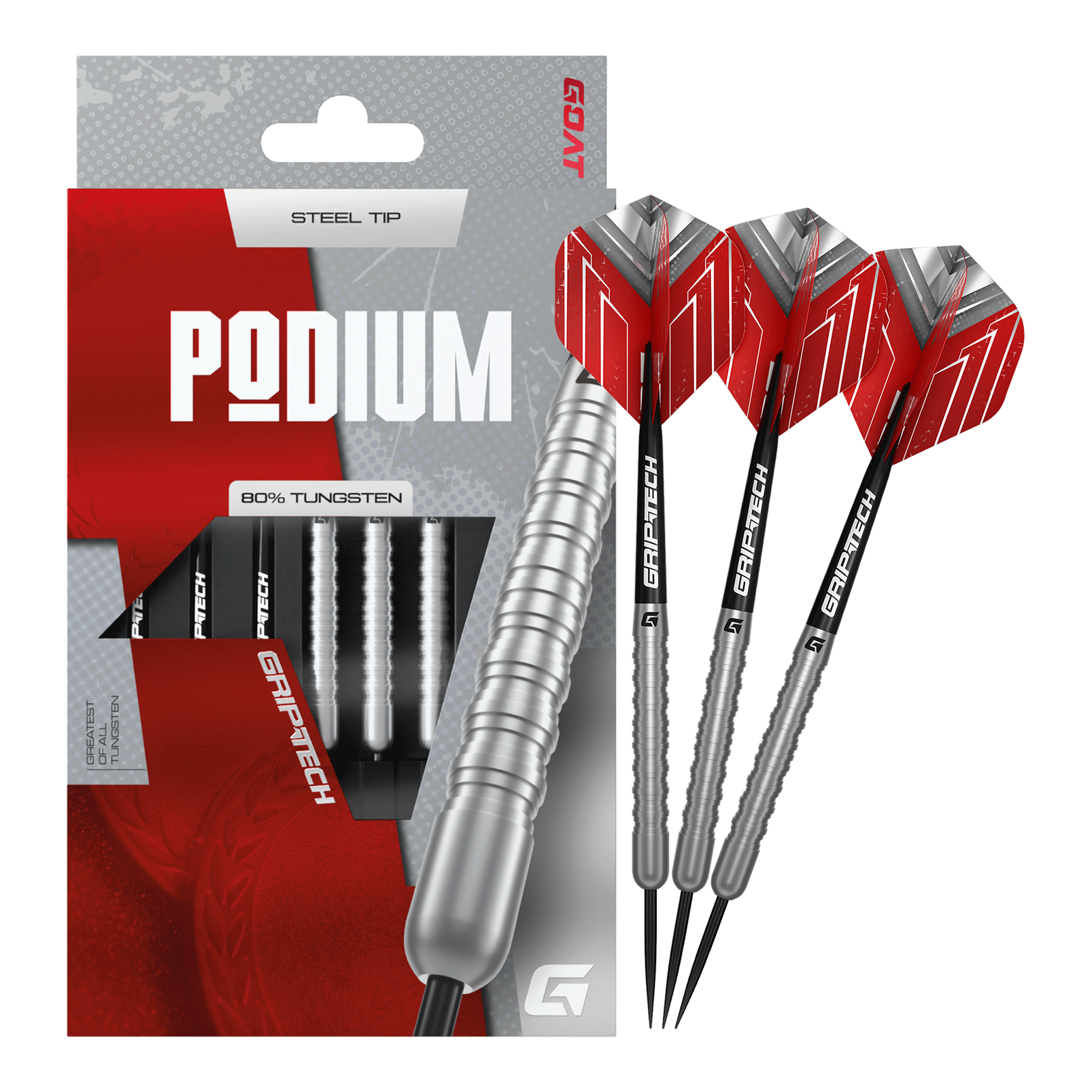 Hier sieht man die GOAT Podium Silver Steeldarts als Komplettansicht. Die hochwertigen Darts sind silbern und detailreich abgebildet.