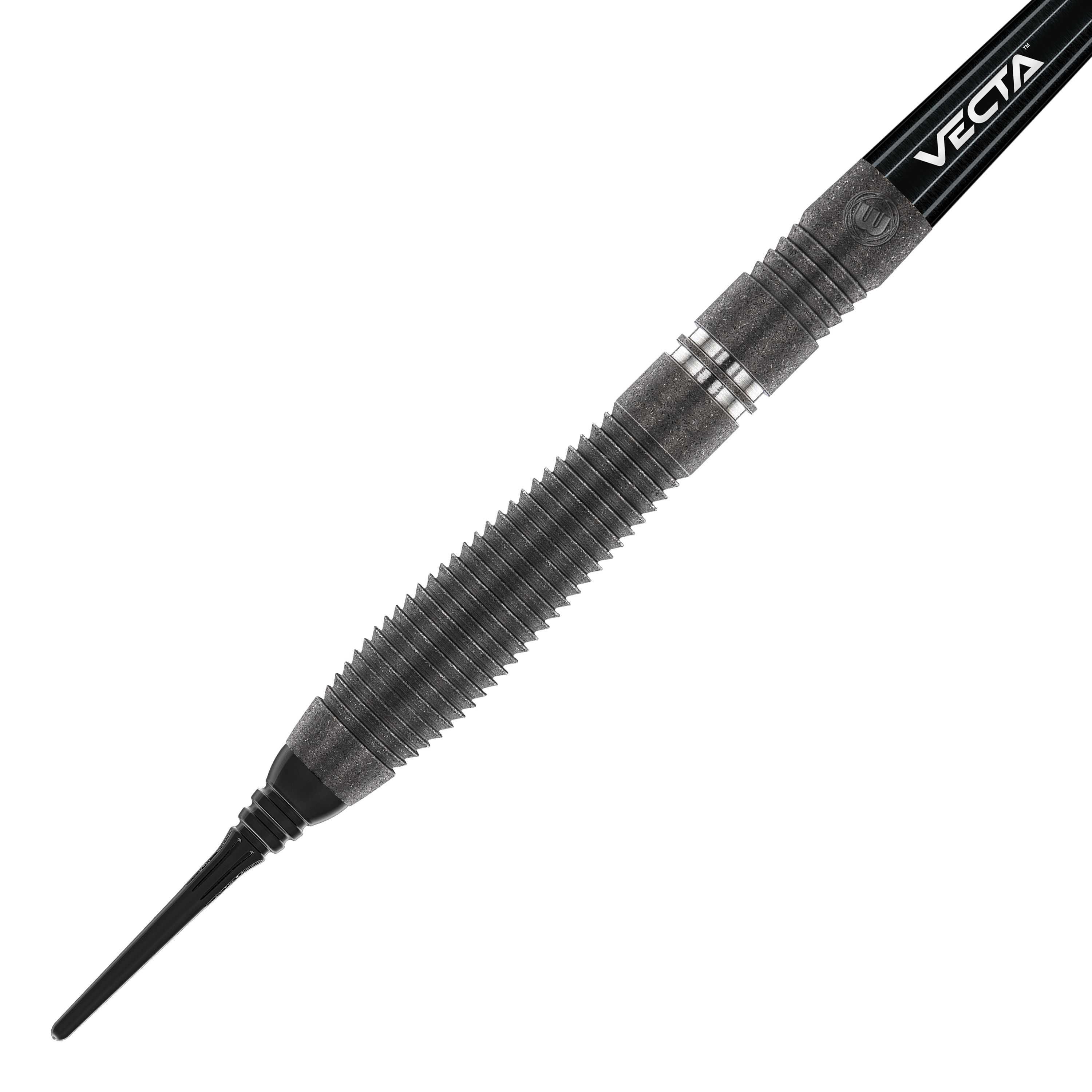 Winmau Callisto 02 Softdarts - 20g Das Bild zeigt einen Winmau Callisto 02 Softdart mit einem Gewicht von 20g. Der Dart hat ein schwarzes, geriffeltes Barrel und eine Spitze aus Kunststoff.