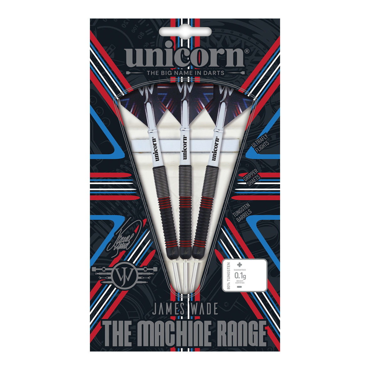 Unicorn The Machine James Wade 80% stalowe rzutki Das Bild zeigt eine Verpackung mit drei Steeldarts der Marke Unicorn, Modell "The Machine James Wade 80%". Die Darts haben einen schwarzen und roten Griffbereich und sind prominent in einer auffälligen Verpackung präsentiert.