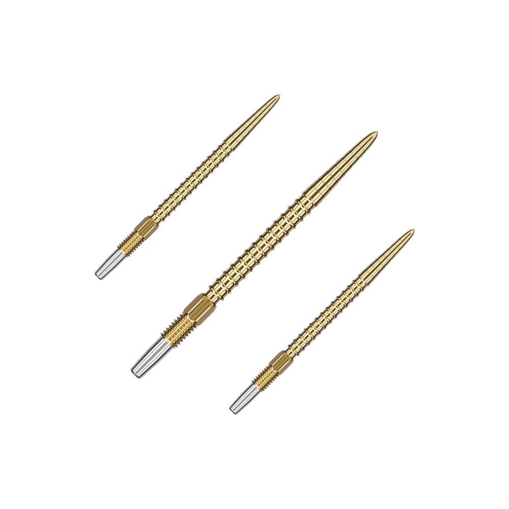 Das Bild zeigt drei goldfarbene Dartspitzen mit silbernem Gewinde am hinteren Ende. Sie sind gleichmäßig angeordnet und haben ein schlankes, spitzes Design.