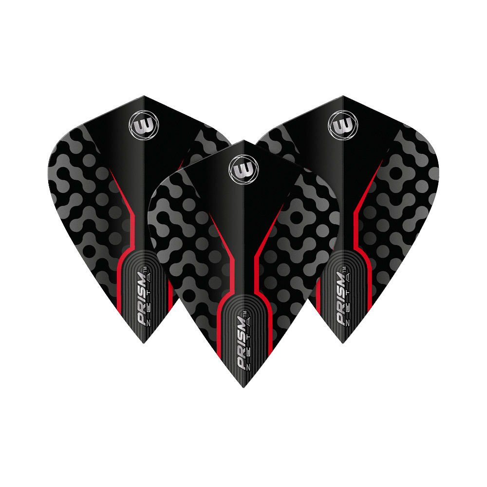 Loty latawcem Winmau Zeta Black Red Das Bild zeigt drei Winmau Zeta Black Red Kite Flights. Sie sind schwarz mit roten Linien und einem auffälligen Muster in Grau.