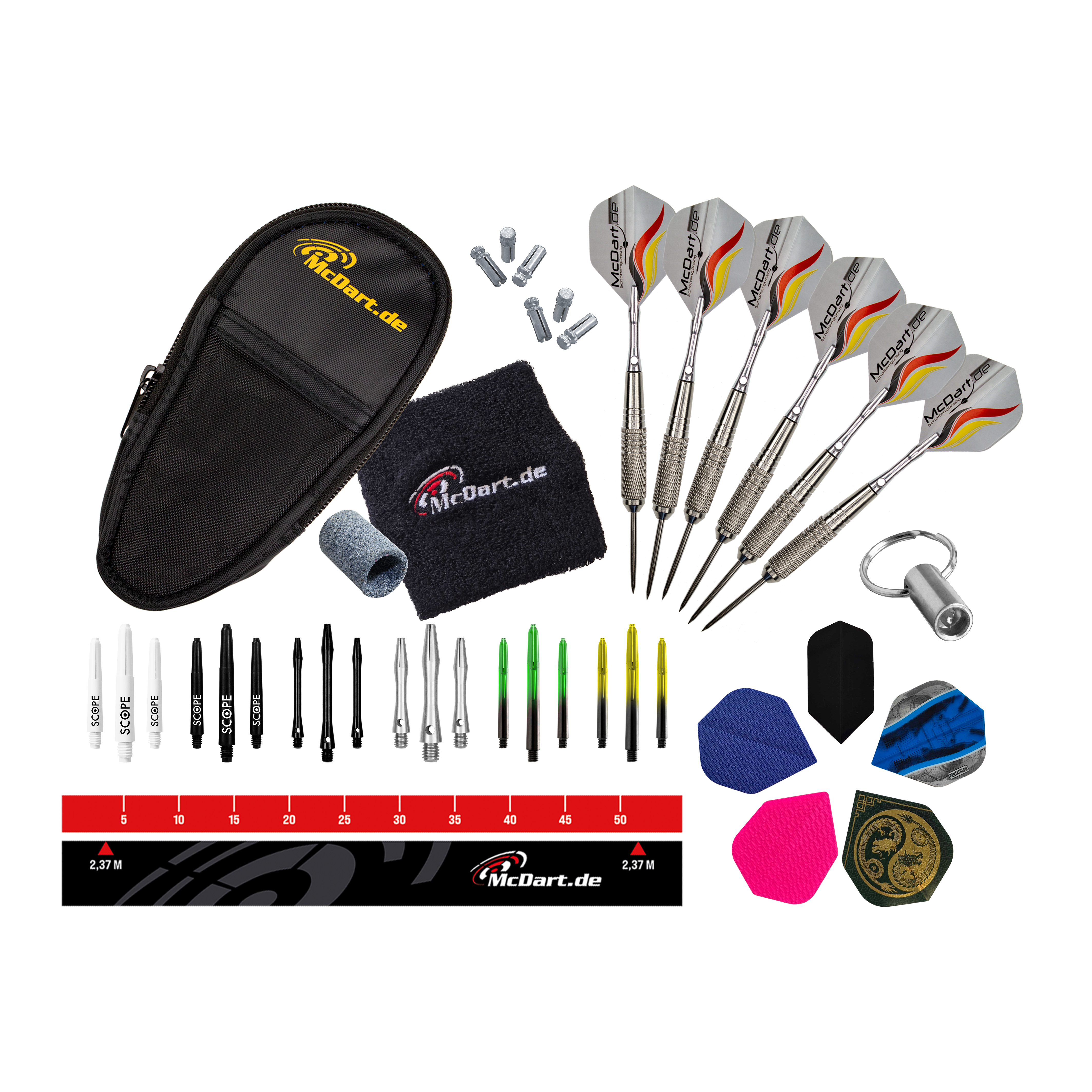 Das Bild zeigt das McDart Starterpack. Es handelt sich um ein Starterset für Dartspieler.