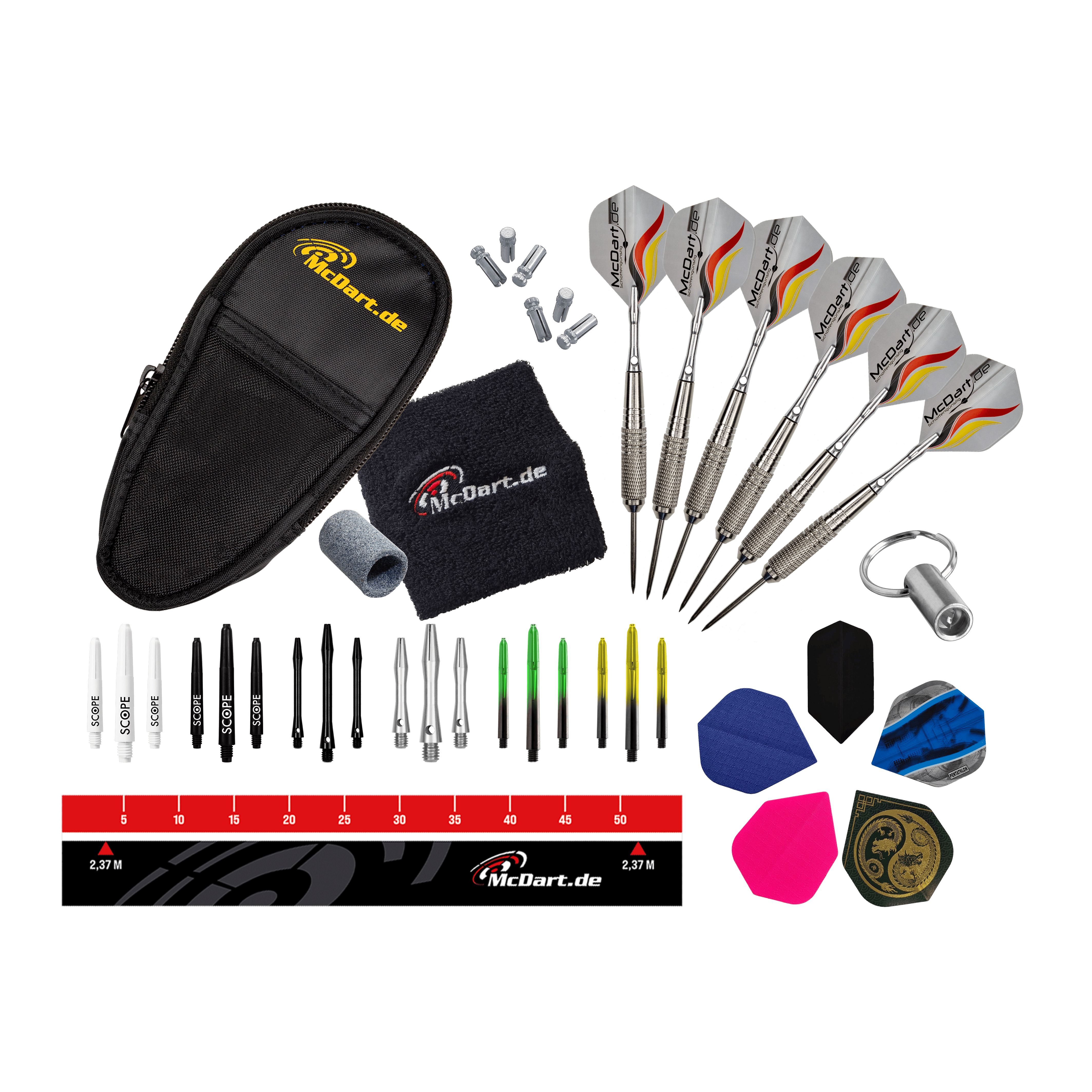 Zestaw startowy McDart Steel Dart Das Bild zeigt das McDart Starterpack. Es handelt sich um ein Starterset für Dartspieler.