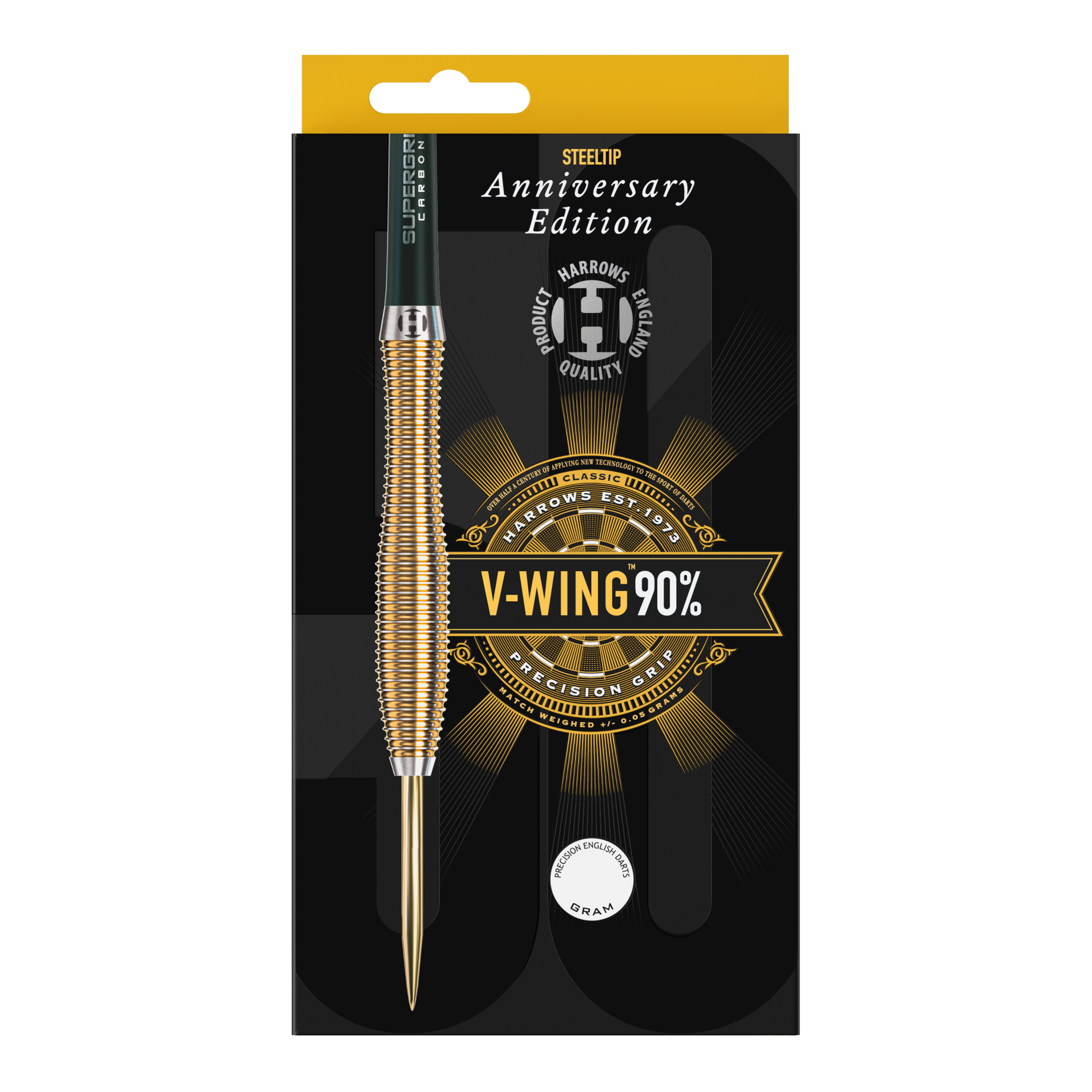 Dies ist eine Verpackung für Steeldarts der Marke Harrows, Anniversary Edition. Auf der Packung steht "V-WING 90%" und "Precision Grip".