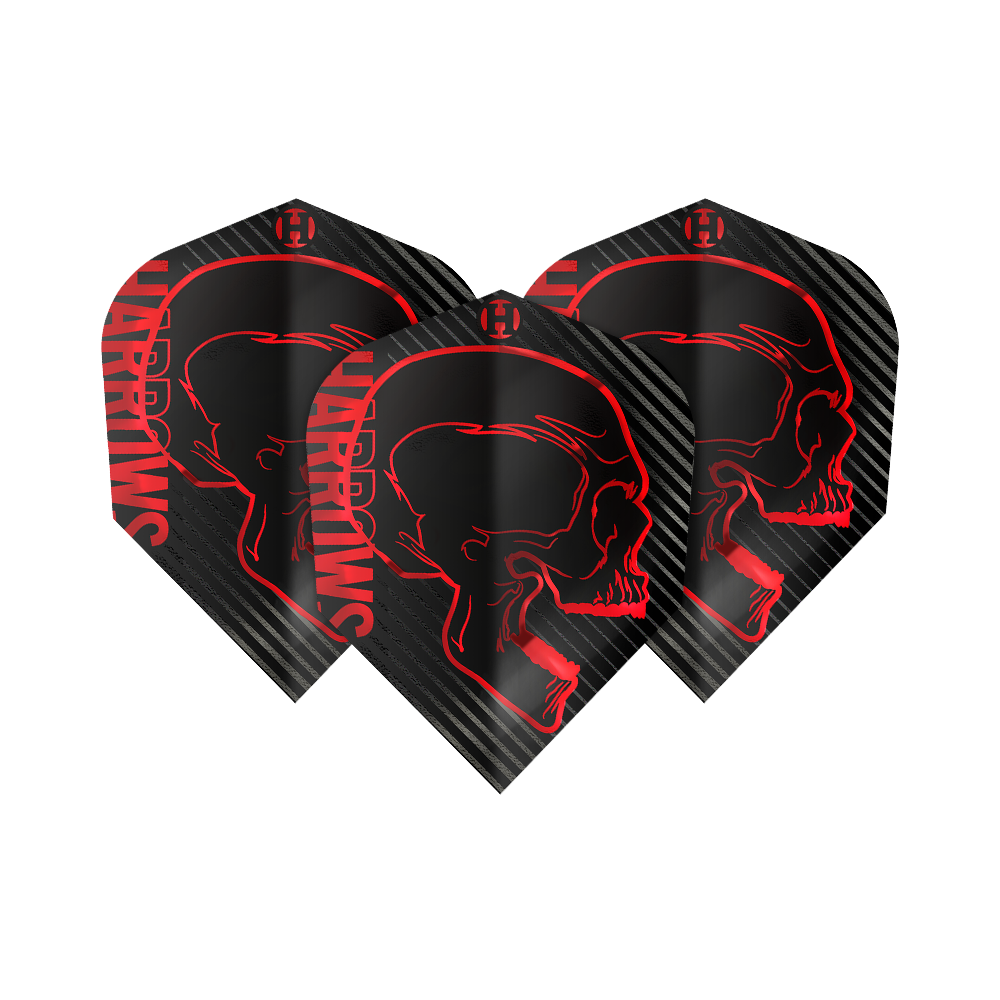 Loty Harrows Rage Red nr 6 Das Bild zeigt drei schwarze Dartflights mit einem roten Totenkopfdesign und dem Schriftzug "Harrows" an der Seite. Die Flights sind Teil des Produkts "Harrows Rage Red No6 Flights".