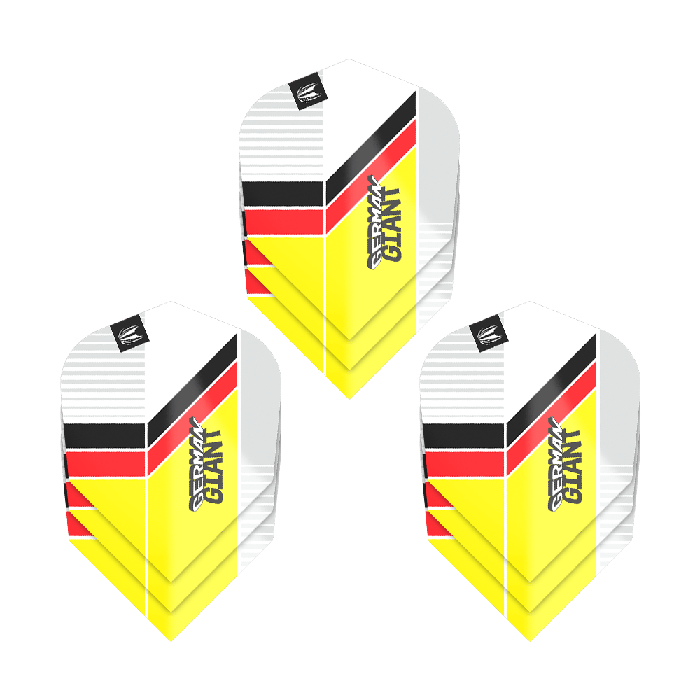 Lotki Target Pro Ultra Gabriel Clemens No6 – 3 zestawy Das Bild zeigt drei Sets von Target Pro Ultra Gabriel Clemens No6 Flights. Die Flights haben ein Design in den Farben Weiß, Gelb, Rot und Schwarz mit der Aufschrift "GERMAN GIANT".