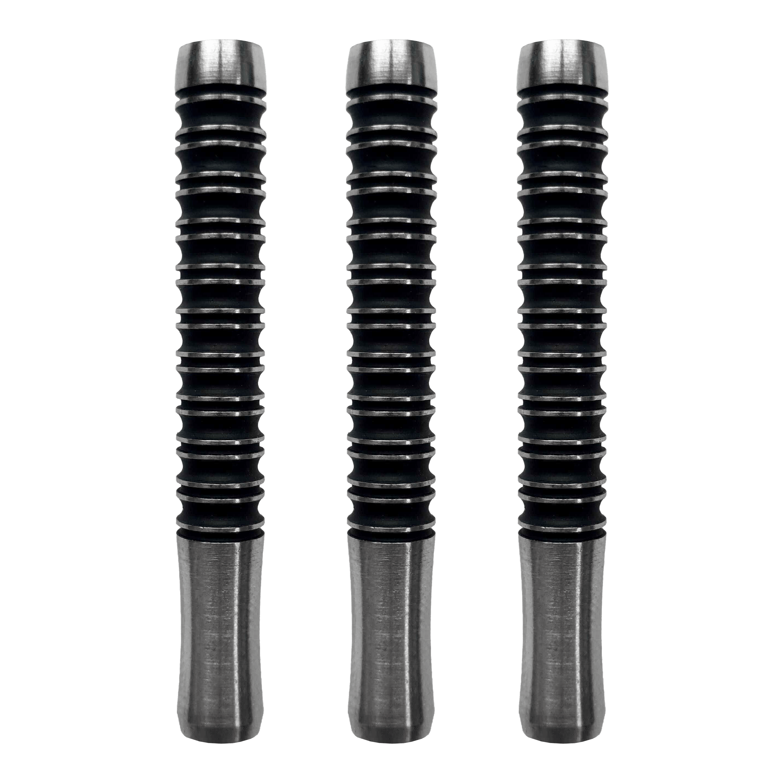 Miękkie beczki do rzutek McDart Super Grip 3 - 18 g Das Bild zeigt drei McDart Super Grip 3 Softdart-Barrels mit einem Gewicht von 18g. Die Dart-Barrels sind schwarz mit silbernen Enden und haben ein gerilltes Design für besseren Halt.