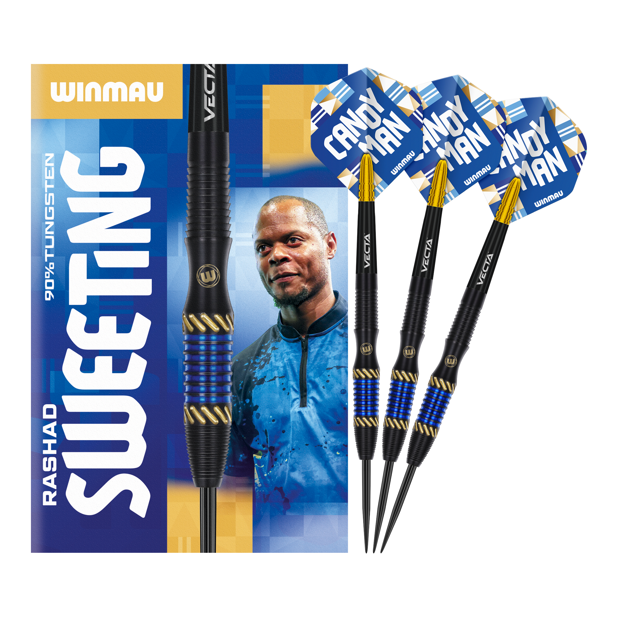 Auf dem Bild sind die Winmau Rashad Sweeting Steeldarts - 24g zu sehen. Die Verpackung zeigt ein Porträt von Rashad Sweeting und die drei Darts sind mit blauen und goldenen Akzenten gestaltet.