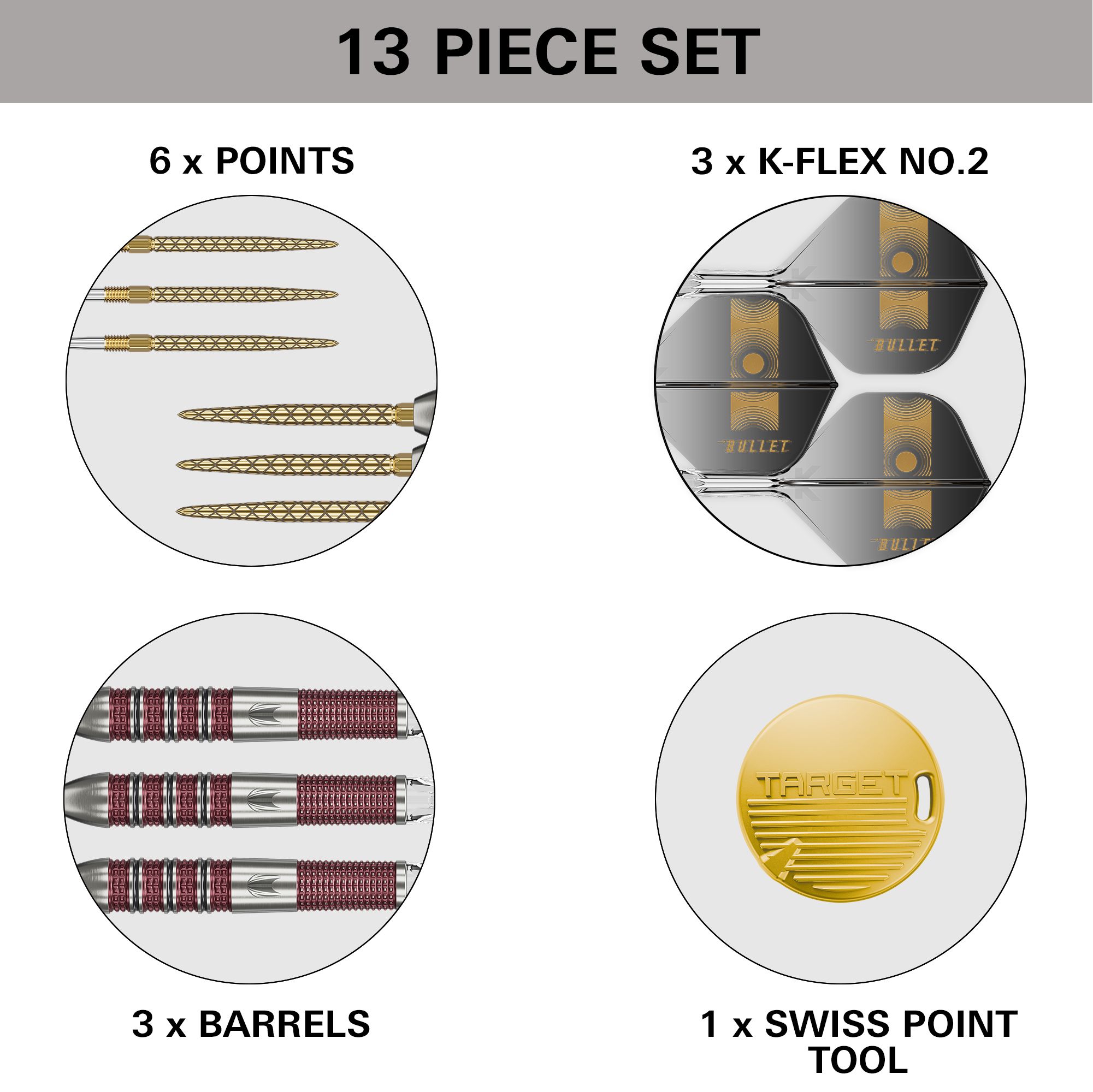 Target Stephen Bunting 95K Swiss Point Steeldarts Das Bild zeigt ein 13-teiliges Dart-Set mit Spitzen, Schäften, Barrels und einem Swiss Point Werkzeug. Es handelt sich um das Produkt "Target Stephen Bunting 95K Swiss Point Steeldarts".