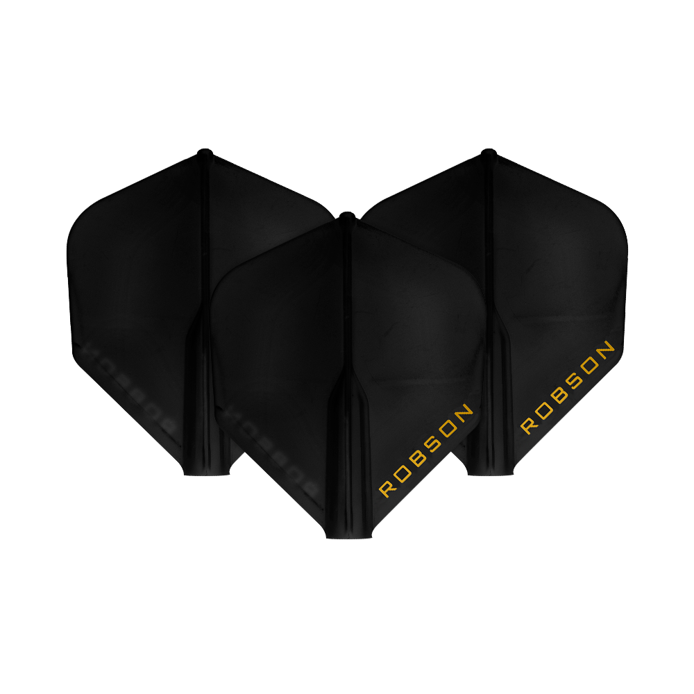 Loty Robson Plus — standardowe Auf dem Bild sind drei schwarze Dart-Flights zu sehen. Auf jedem Flight steht das Wort "ROBSON" in gelber Schrift.