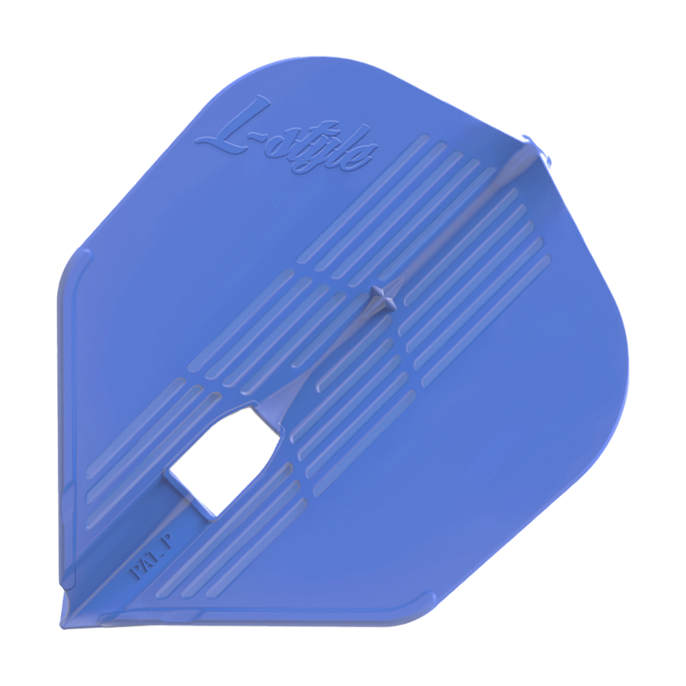 Loty KAMI L3PRO w stylu L Das Bild zeigt ein blaues Dartflight mit dem Schriftzug "L-style" darauf. Das Flight hat eine eckige Form und gerillte Muster.