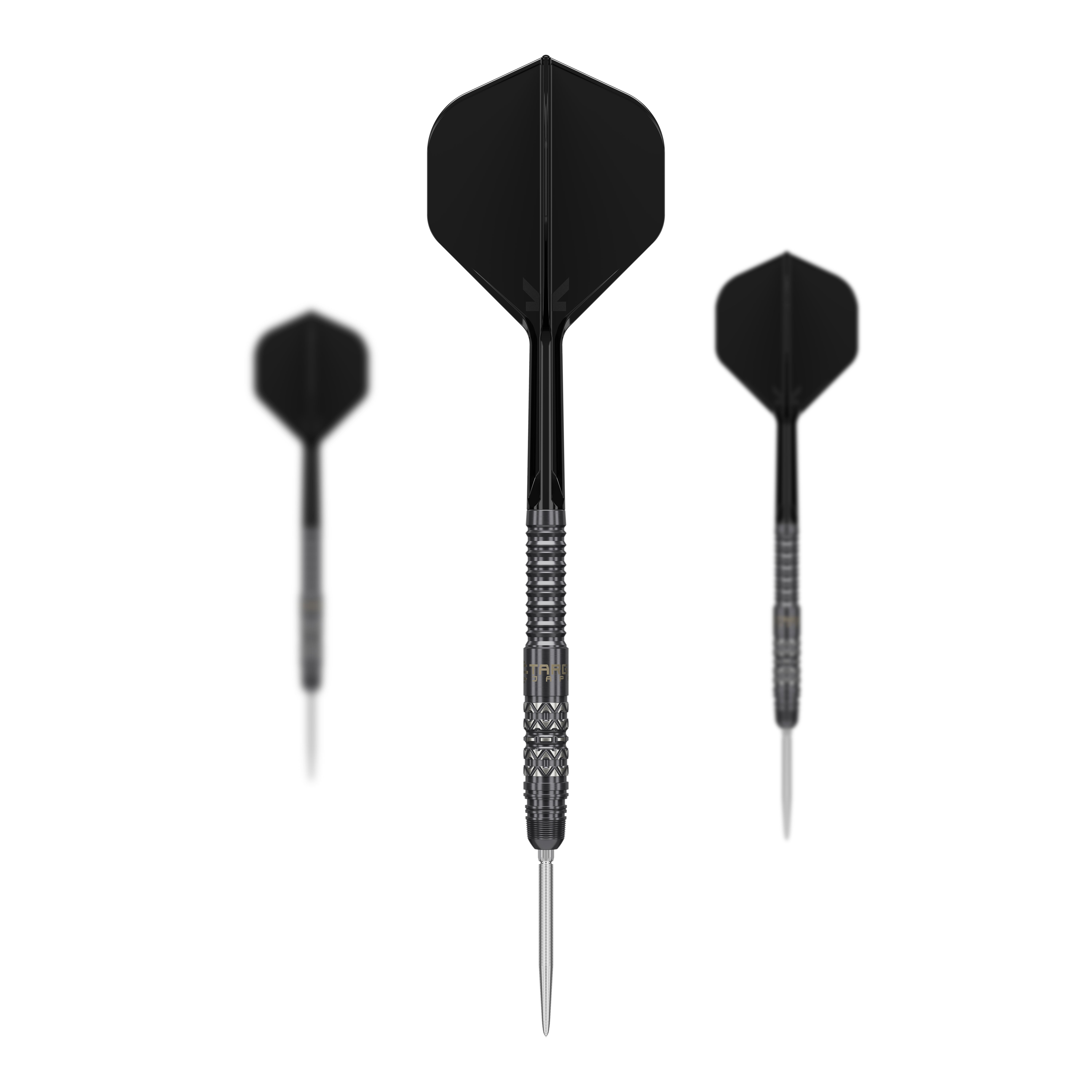 Hier sieht man die Target Japan Black Marque Creed Swiss Point Steeldarts - 23g als komplettes Set. Die Darts haben ein modernes Design in Schwarz.