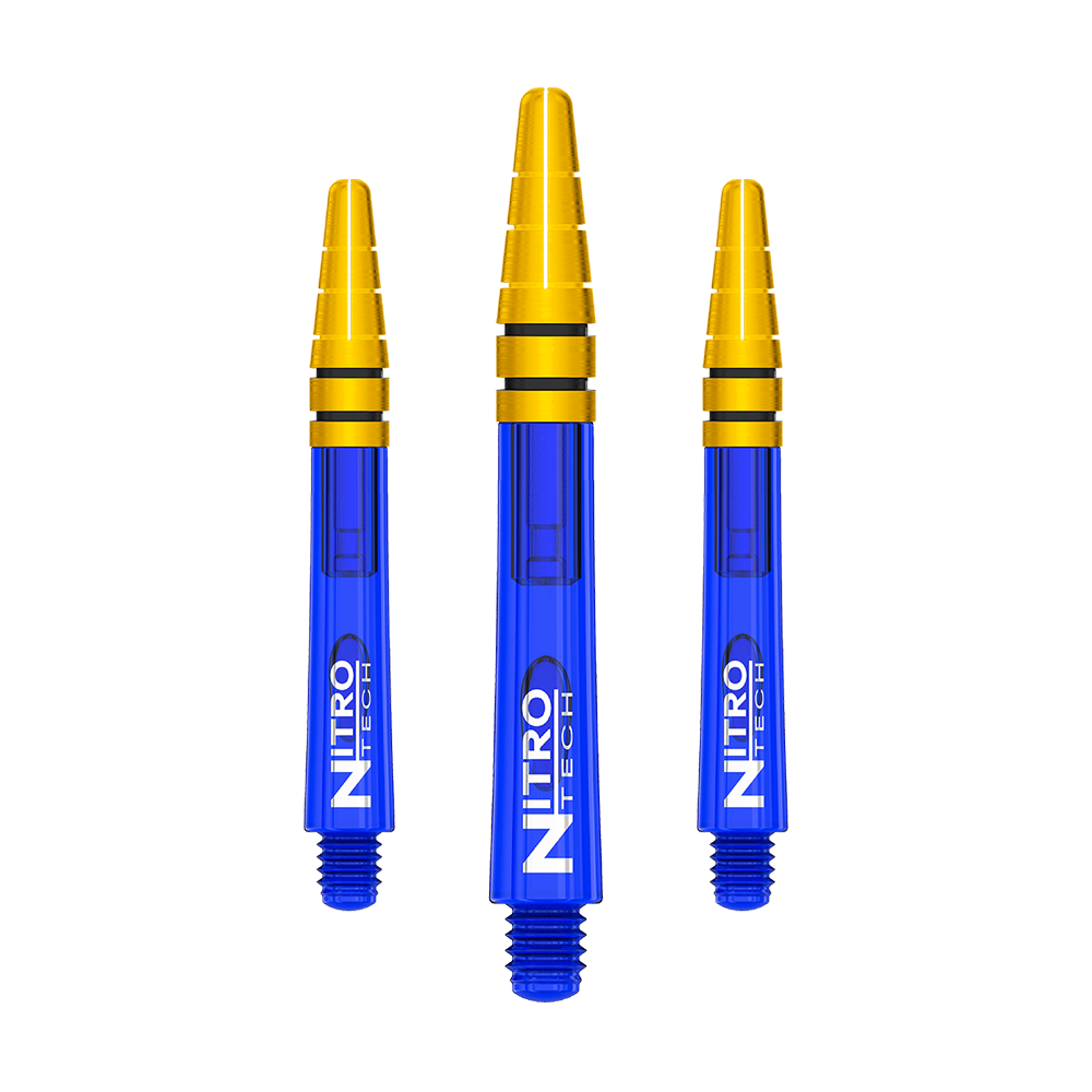 C799_Red_Dragon_Nitrotech_Shafts_Blau_Gold_39mm_1 Das Bild zeigt drei blaue und goldene Dartschäfte der Marke Red Dragon Nitrotech mit der Aufschrift "NITRO TECH". Die Schäfte sind 39 mm lang und haben ein modernes, glänzendes Design.