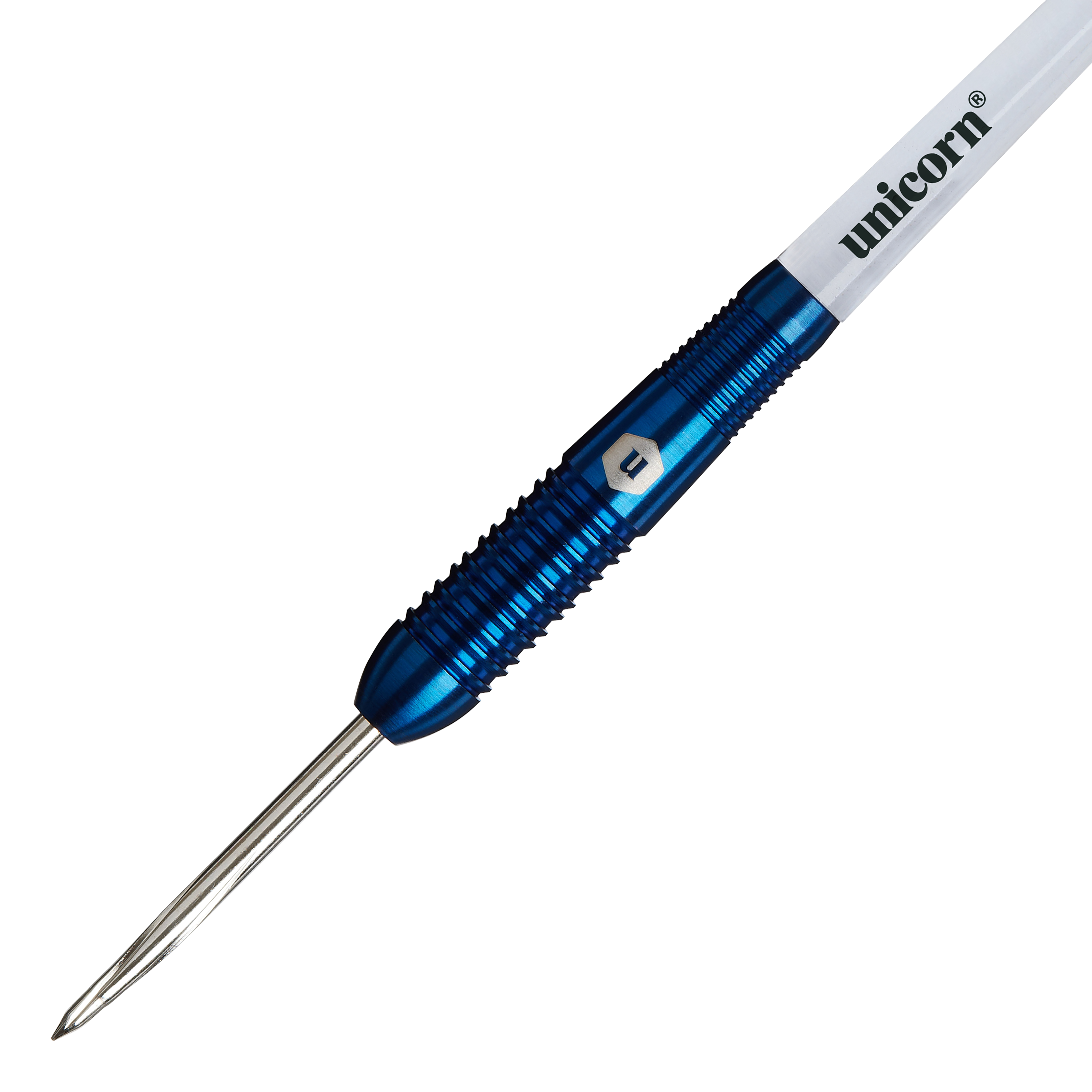 Unicorn Prodigy 02 Torpedo Steeldarts Das Bild zeigt den Unicorn Prodigy 02 Torpedo Steeldart mit einem blauen, geriffelten Schaft. Auf dem weißen Schaftabschnitt steht der Schriftzug "unicorn".