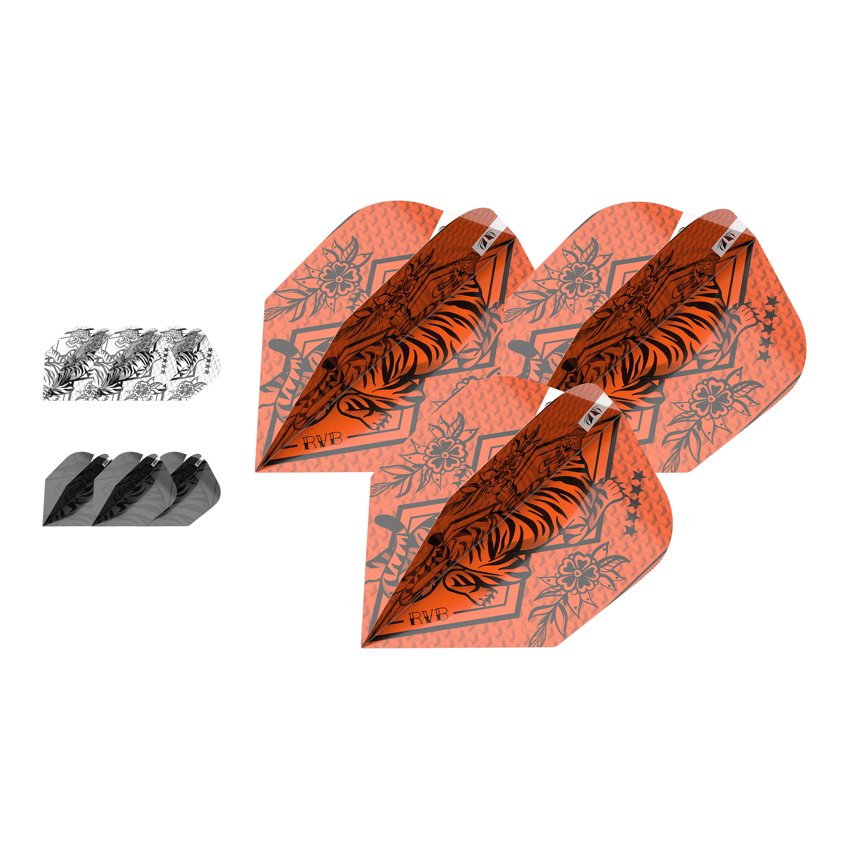 Target Ink Bundle 3 Sets Raymond Van Barneveld No6 Flights Das Bild zeigt drei verschiedene Sets von Dart-Flights in auffälligen Farben und Mustern. Im Vordergrund sind orangefarbene Flights mit einem Tiger-Design und den Initialen "RVB" zu sehen.