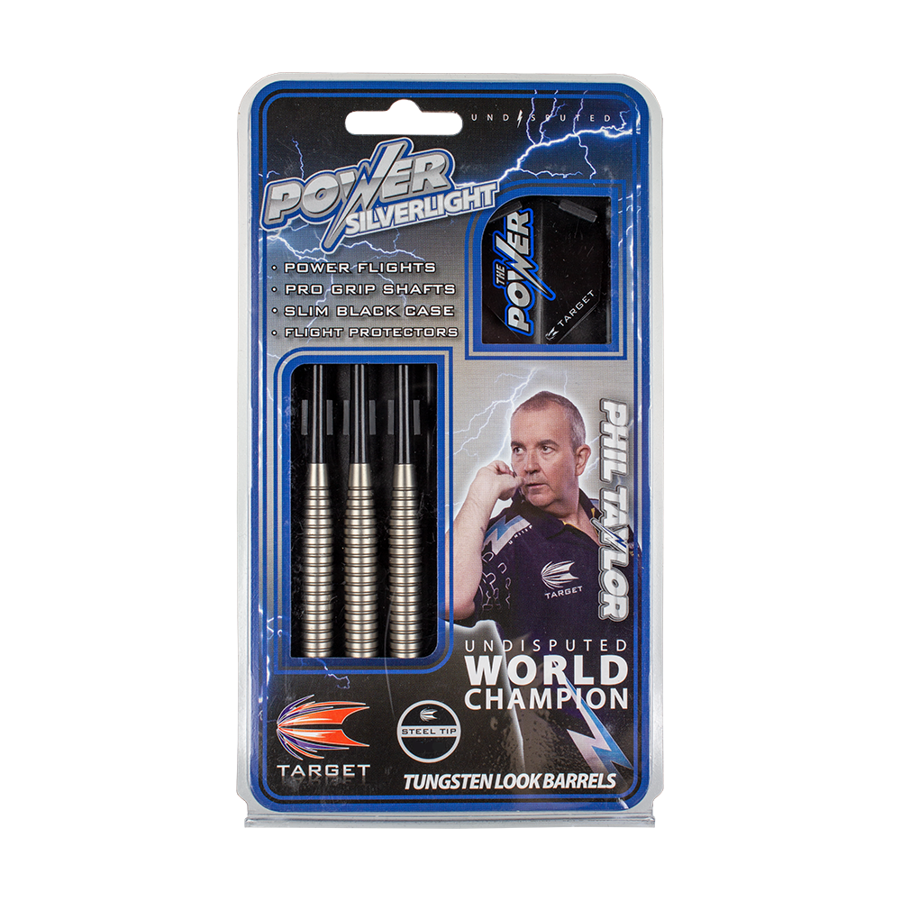 Das Bild zeigt eine Verpackung der "Target Phil Taylor Power Silverlight Variante 2 Steeldarts". Auf der Verpackung sind drei Steeldarts, Zubehör und ein Bild von Phil Taylor abgebildet.