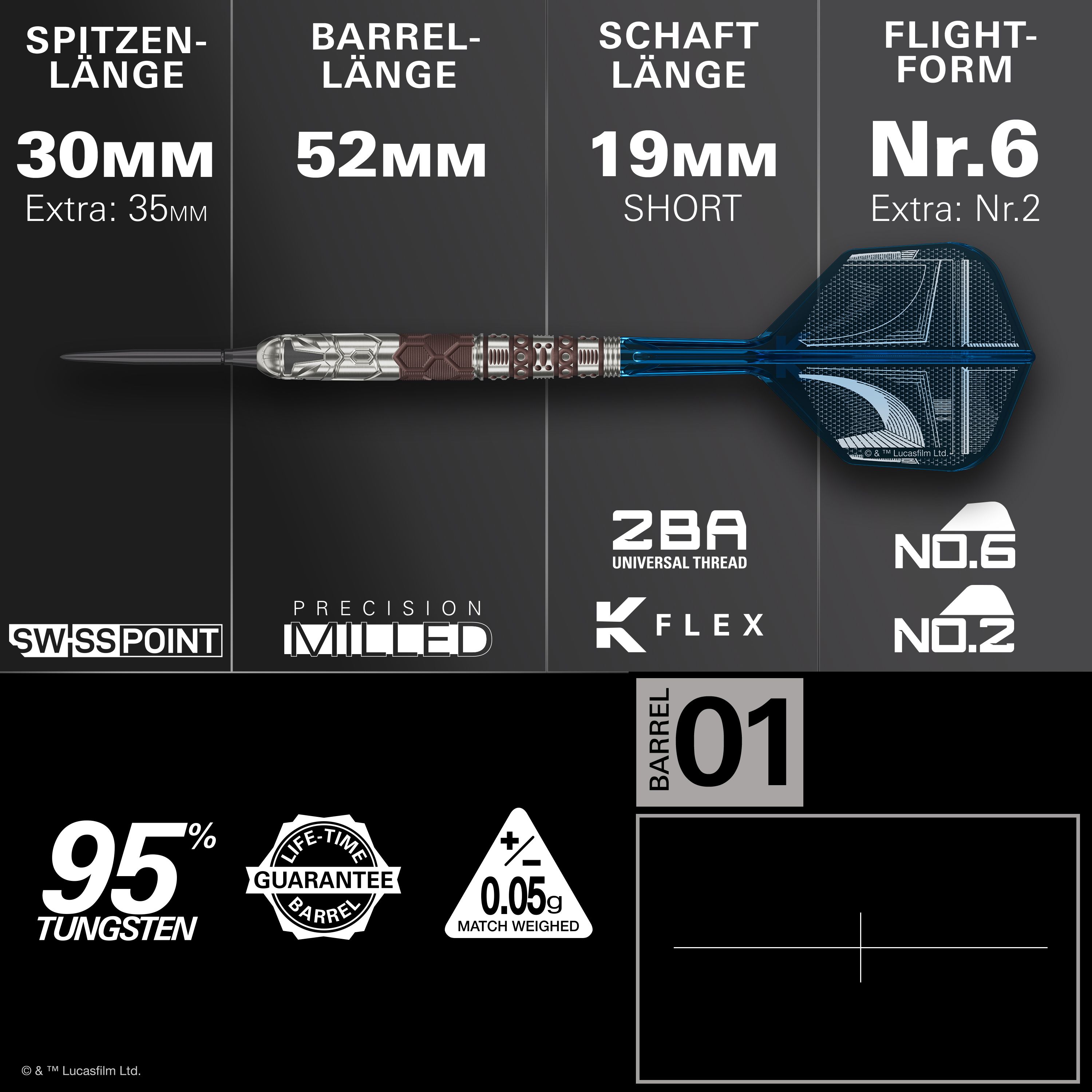 Rzutki stalowe Target Star Wars Mandalorian 95 Swiss Point Zu sehen ist das Produkt Target Star Wars Mandalorian 95 Swiss Point Steeldarts. Die Abbildung hebt das einzigartige Design dieser Dartpfeile hervor.