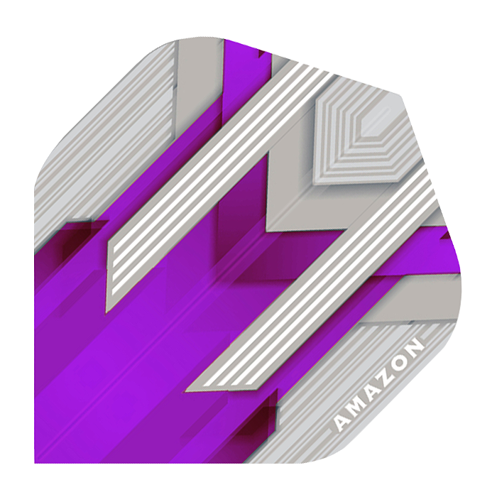A-30-Amazon-Silver-No2-Purple-FlightsDj79WpttHJtQg Das Bild zeigt ein Dartflight mit dem Produktnamen "Amazon Silver No.2 Purple Flights". Das Flight hat ein modernes Design in Silber und Lila mit weißen Linien und dem weißen Schriftzug "Amazon" in der Ecke.
