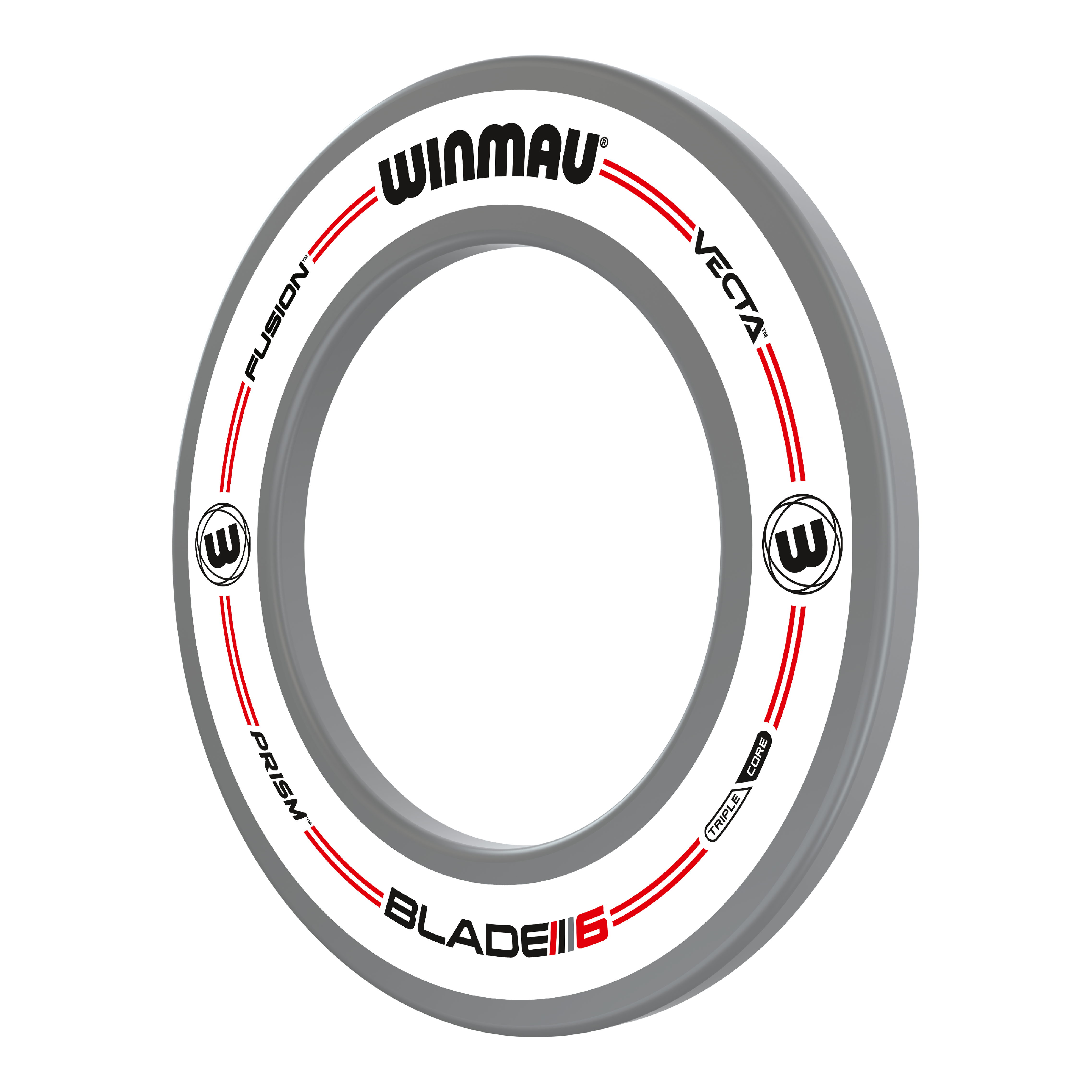 Dies ist das 'Winmau Pro-Line Original White Dartboard Surround'. Der Dartboard-Surround ist weiß mit roten und schwarzen Akzenten und schützt die Wand vor abprallenden Darts.