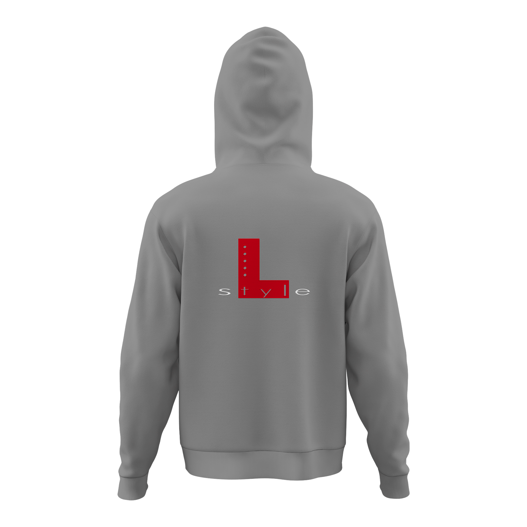 Bluza z kapturem w stylu L - szara Der Hoodie ist grau und hat auf der Rückseite ein großes rotes "L" mit dem Wort "style" darunter. Das Design ist schlicht und modern gehalten.