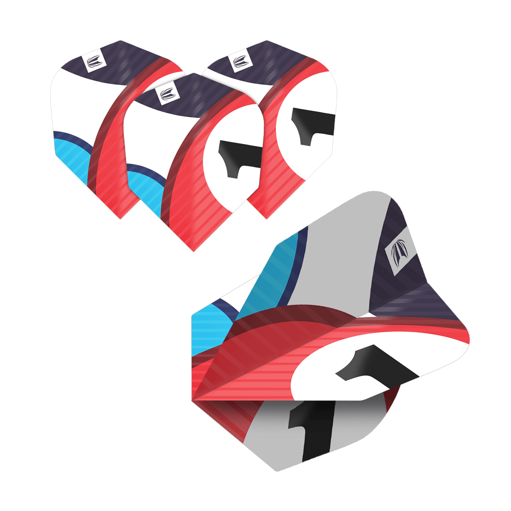 337205_Target_ProUltra_5Sets_Multipack_Chicane_No6_Flights_5VsLcv1mTi5uys Das Bild zeigt fünf Sätze Target Pro Ultra Chicane Multipack No6 Flights. Die Flights haben ein farbenfrohes Design mit roten, blauen, weißen und schwarzen Elementen.